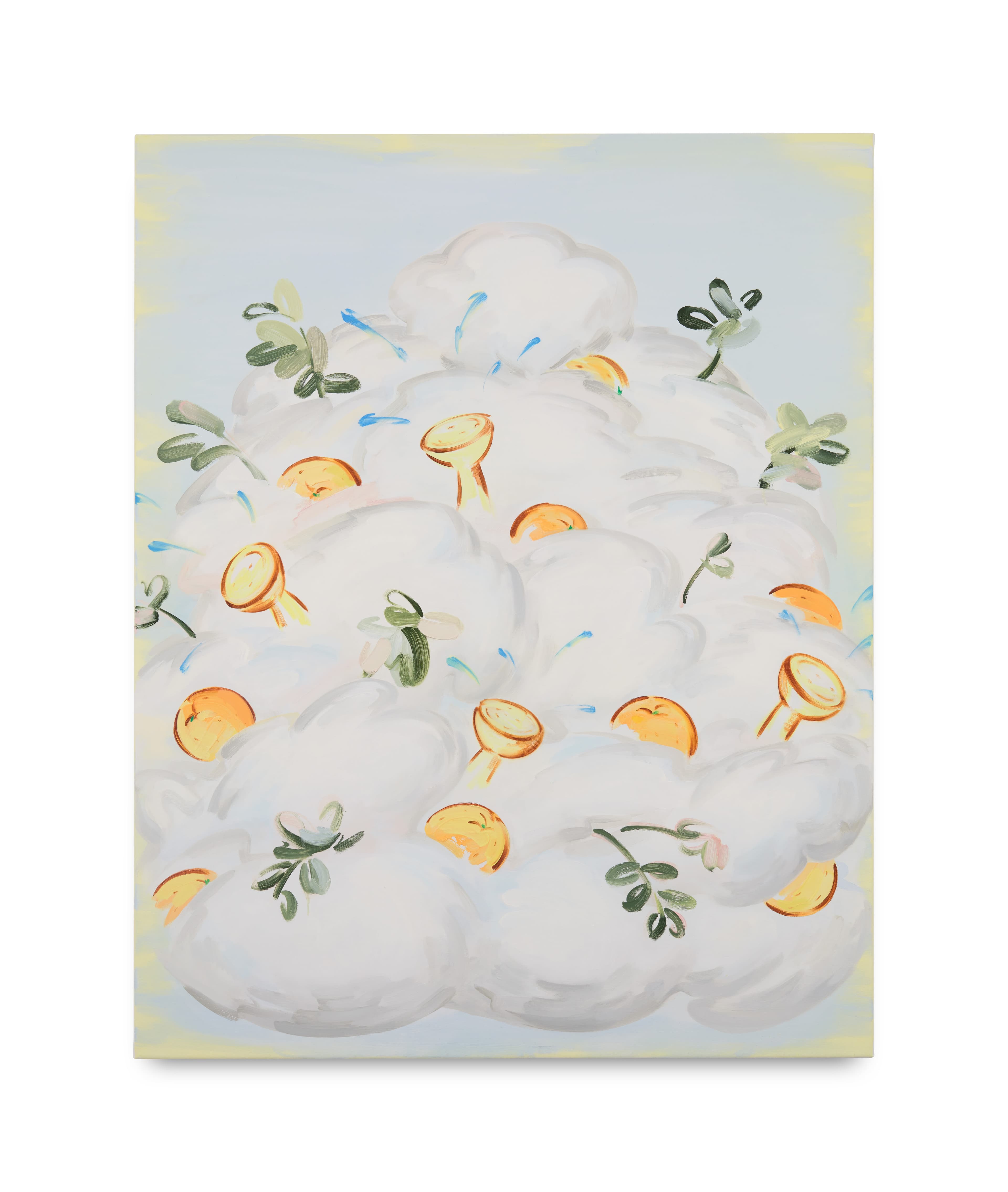 Oil on linen painting of a cloud bubble with foliage and oranges emerging.