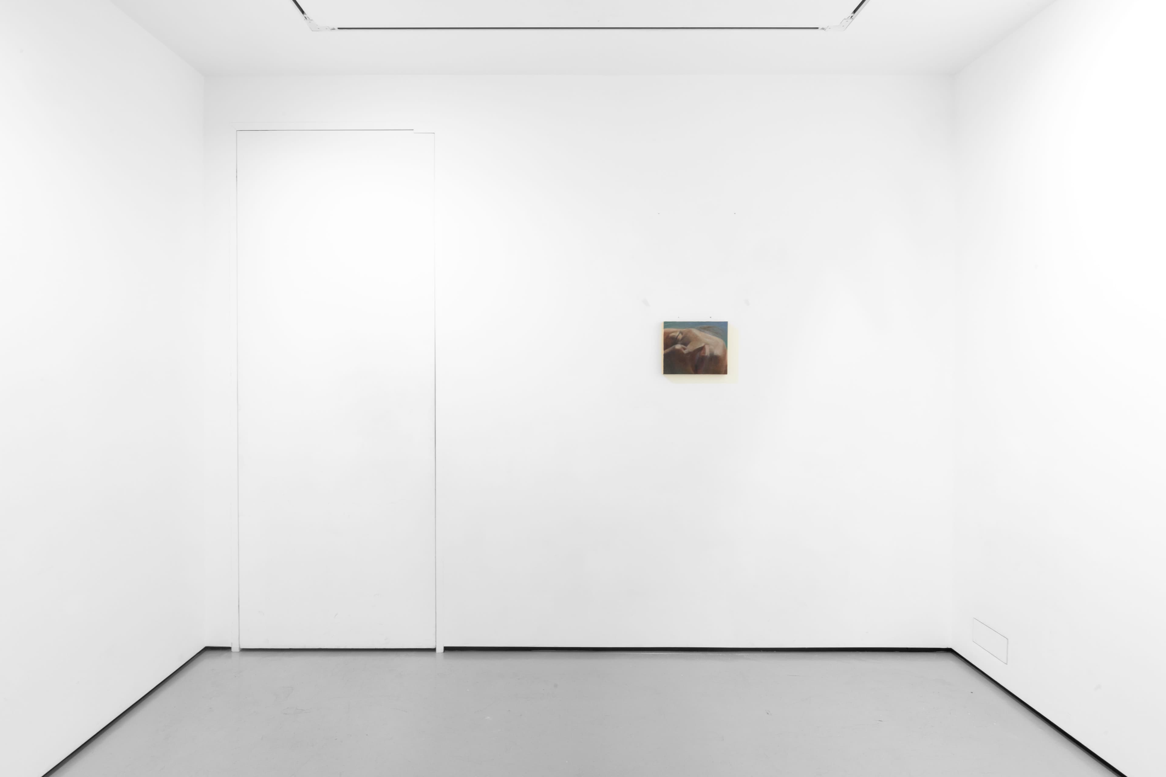 An installation view of Pei Wang's solo exhibition including several dark figurative paintings