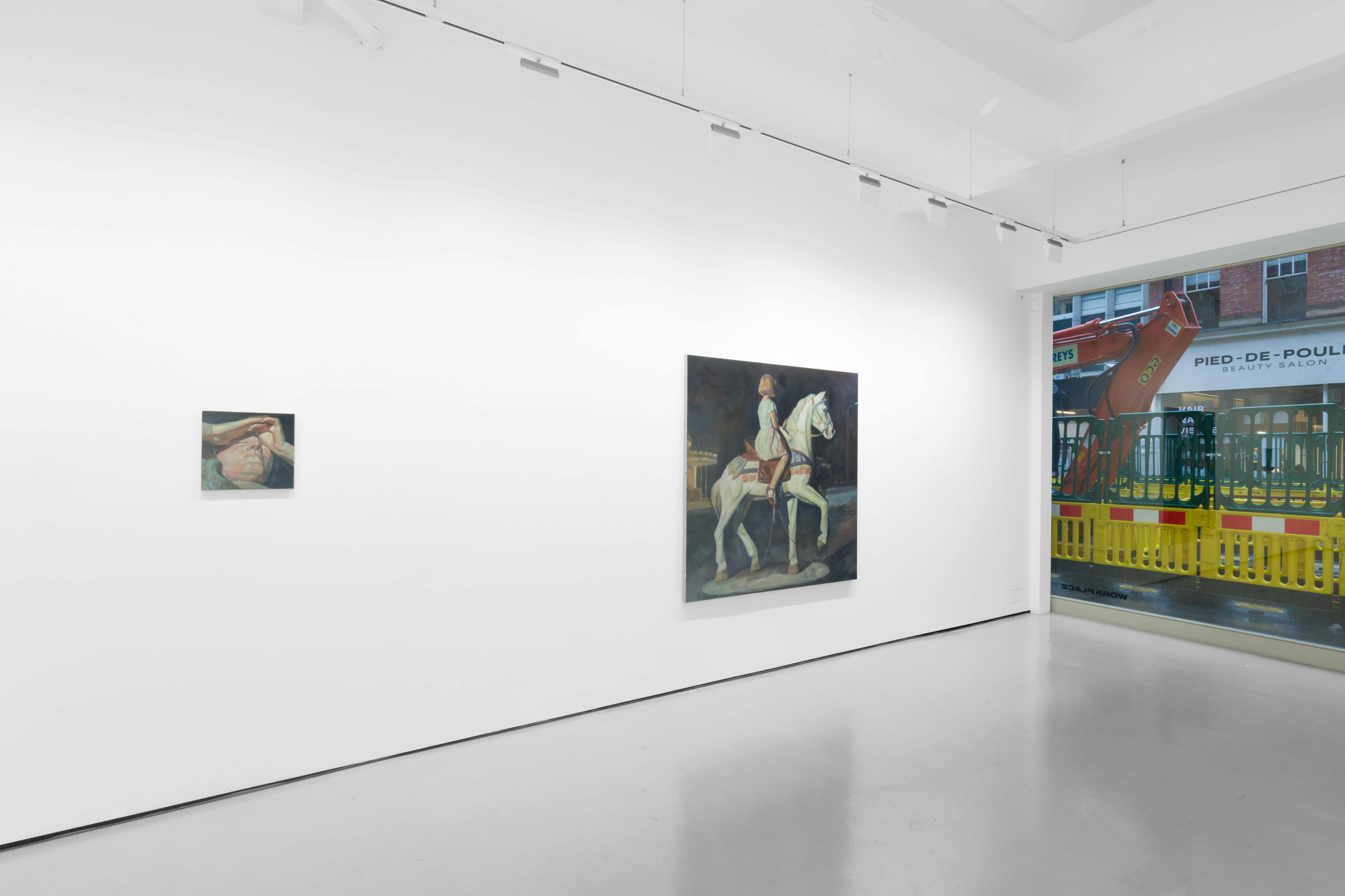 An installation view of Pei Wang's solo exhibition including several dark figurative paintings