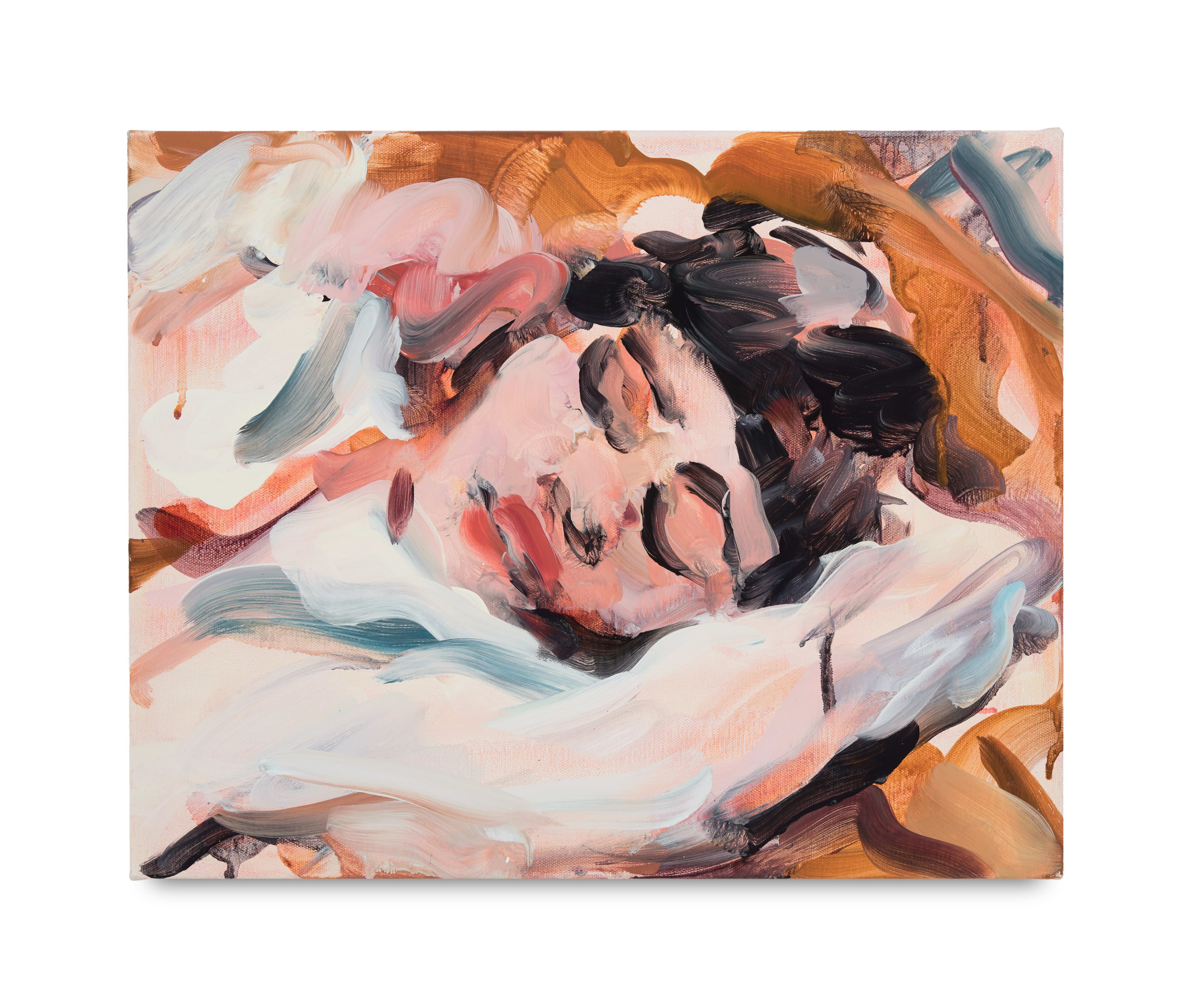 A painting by Laura Lancaster of a female figure reclining with eyes closed. 