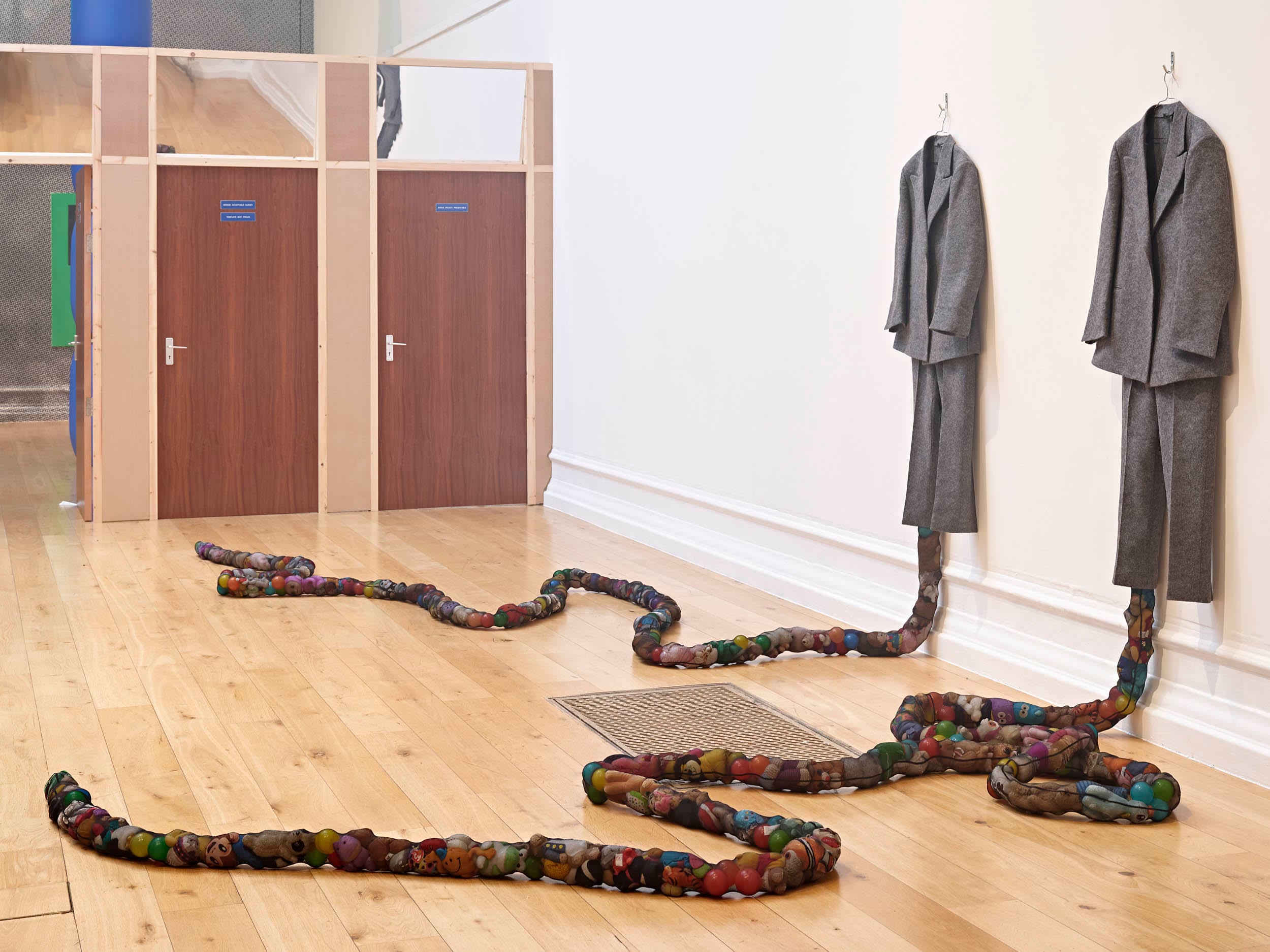 Installation views of Simeon Barclay's solo exhibition 'In the Name of the Father' at South London Gallery in September 2022