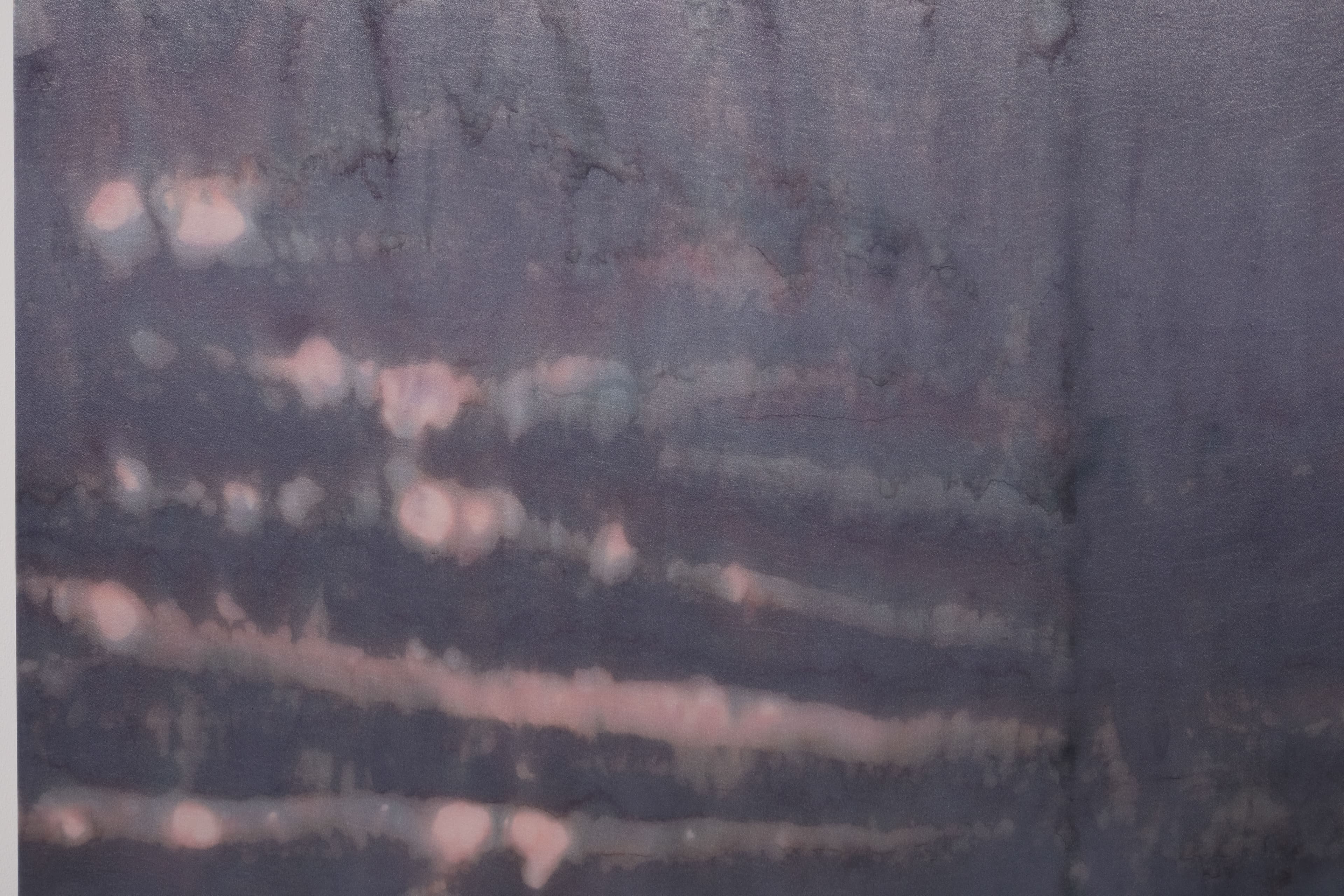 A large painting by Max Boyla. Dark purple background with a light bleached white and pink spot on the top of the canvas and lighter peach coloured markings on the bottom.