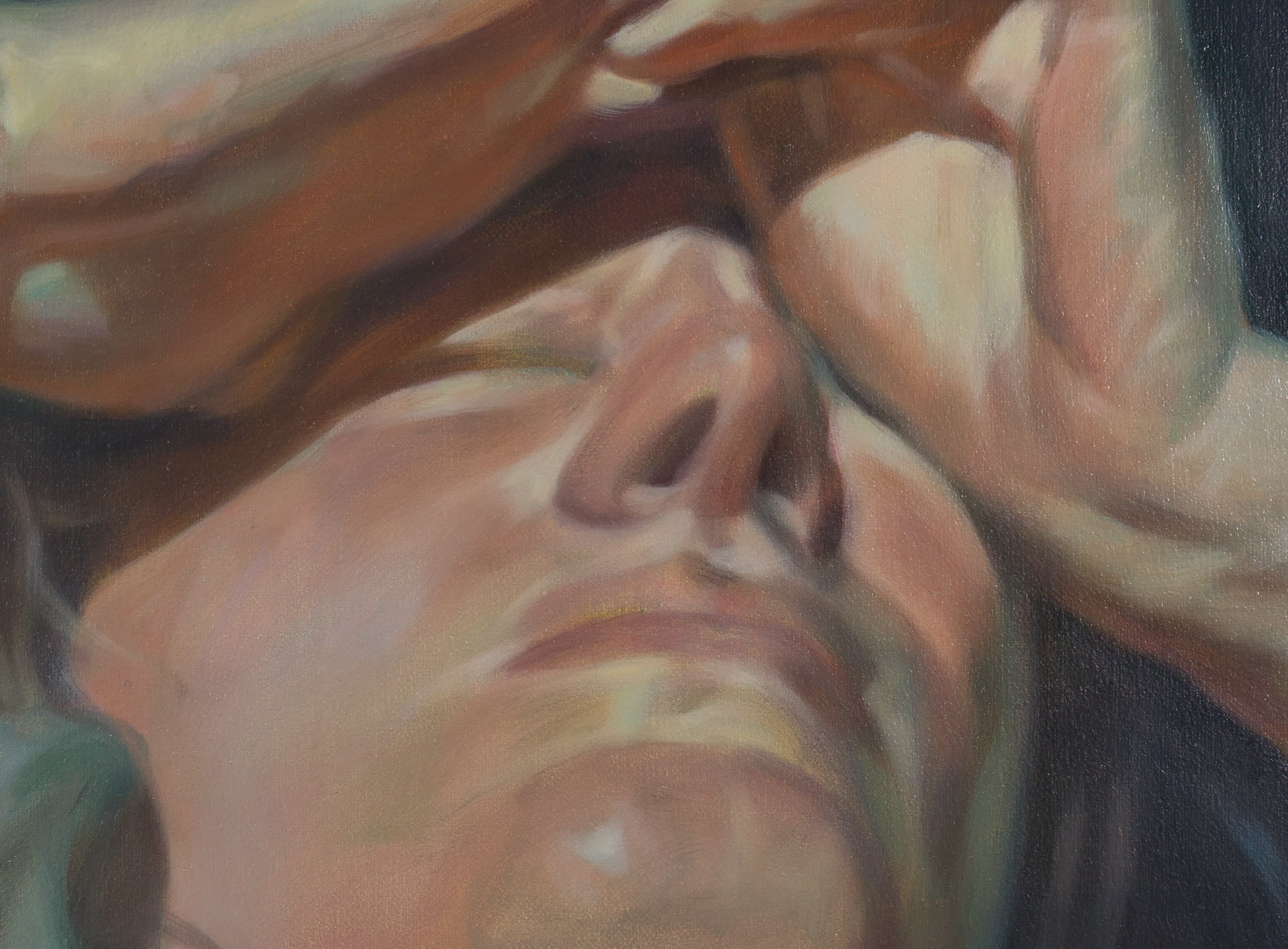 A detail painting by Pei Wang of a woman holding her hands up to her eyes