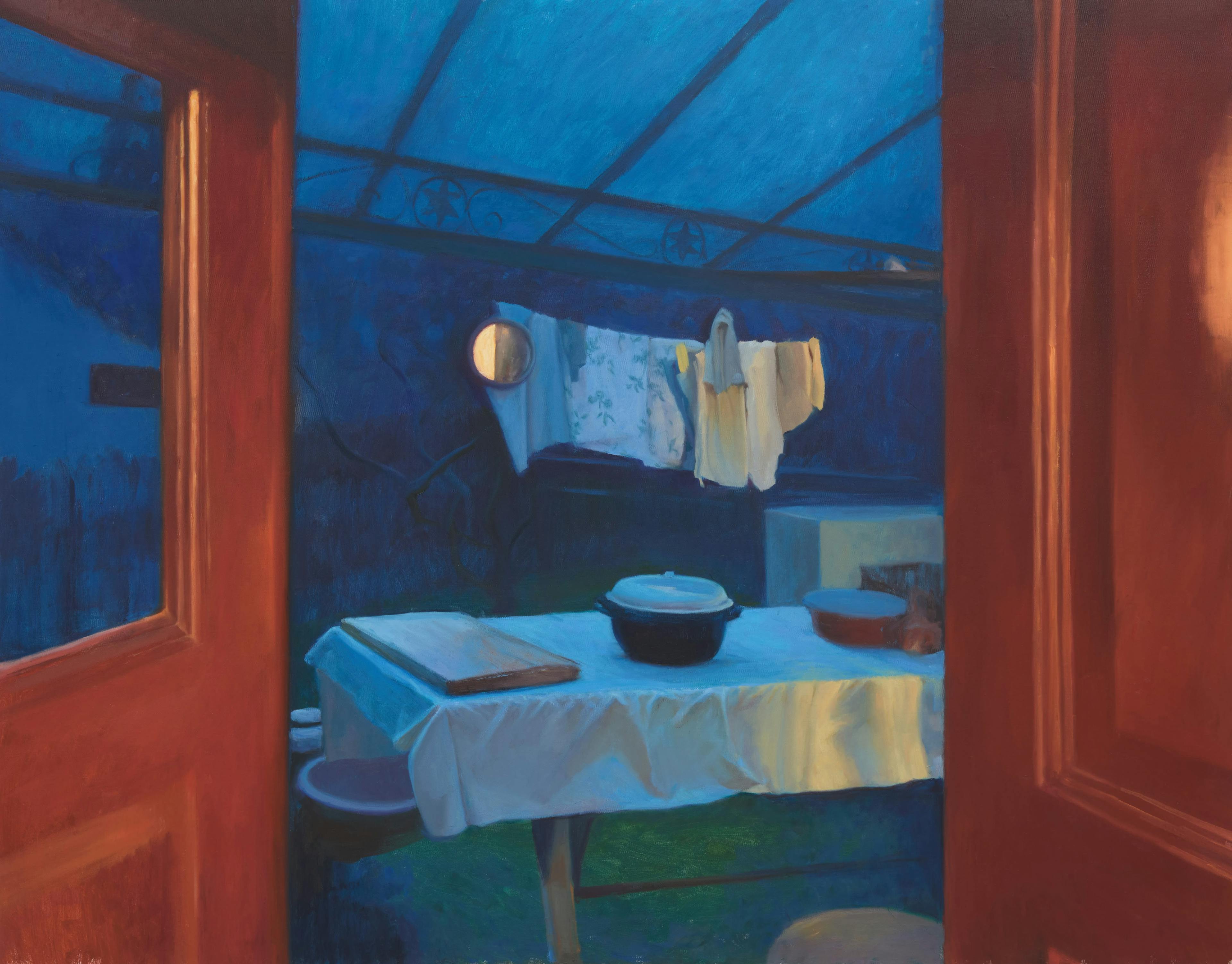 A detail of Cristian Avram's oil painting Witching hour, 2022. The painting depicts a moonlit gazebo with a table and a washing line and mirrors, framed by warm brown wooden door frames left open