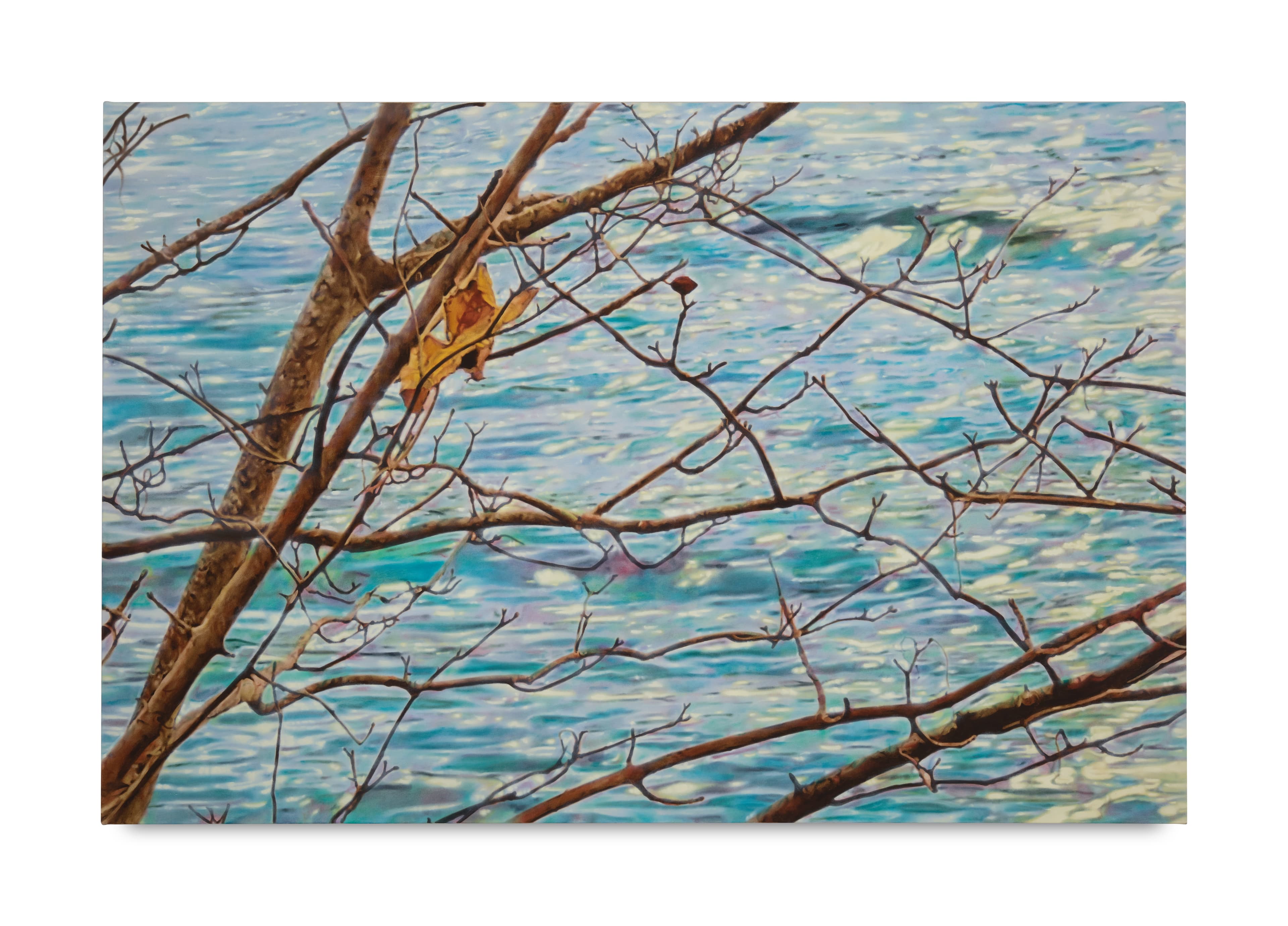 Oil on canvas painting of a river with a tree branch