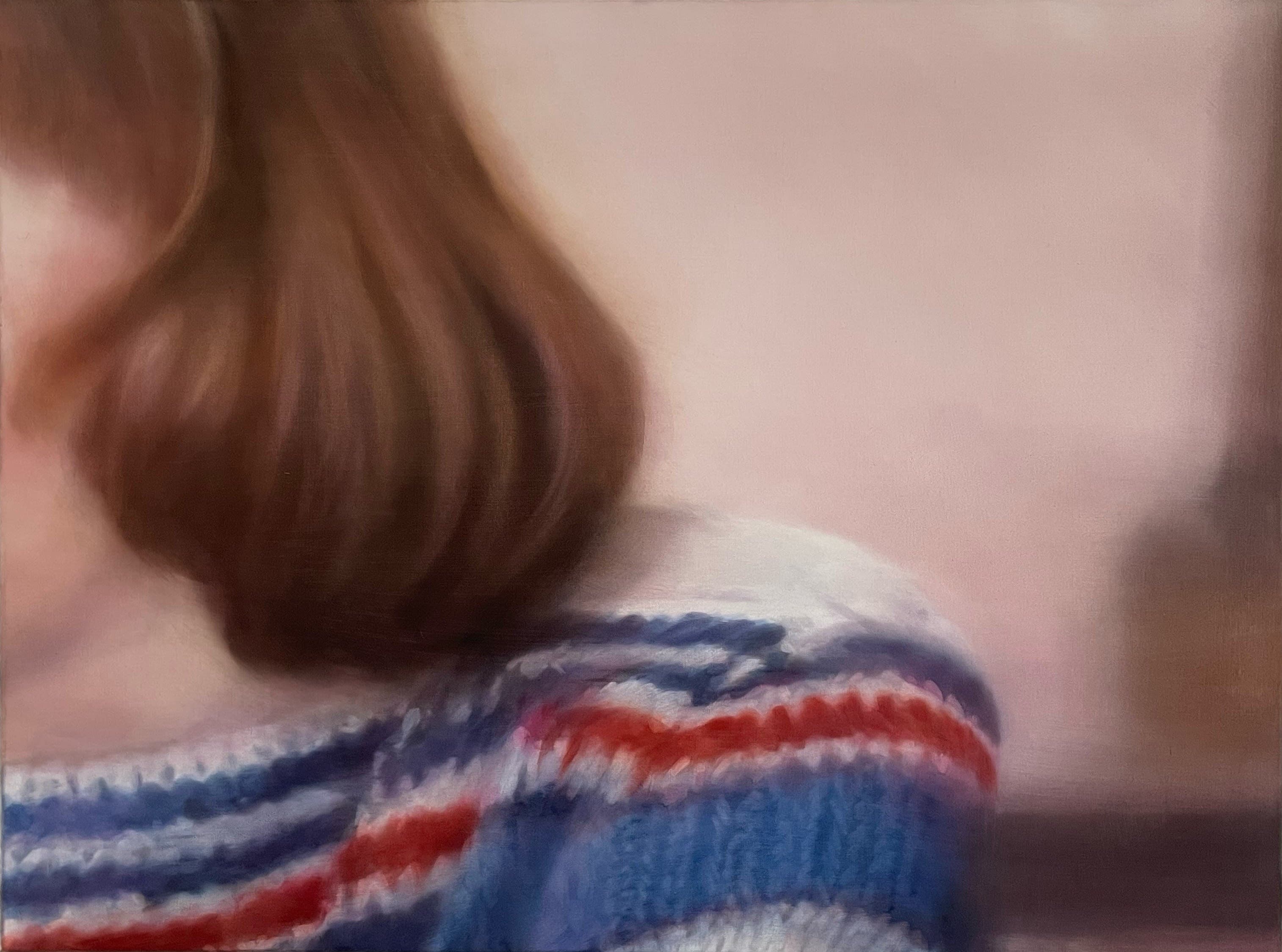 A detail of a painting by Rachel Lancaster of a woman's shoulder, she has short brown hair and is wearing a blue, red and white striped knitted jumper 