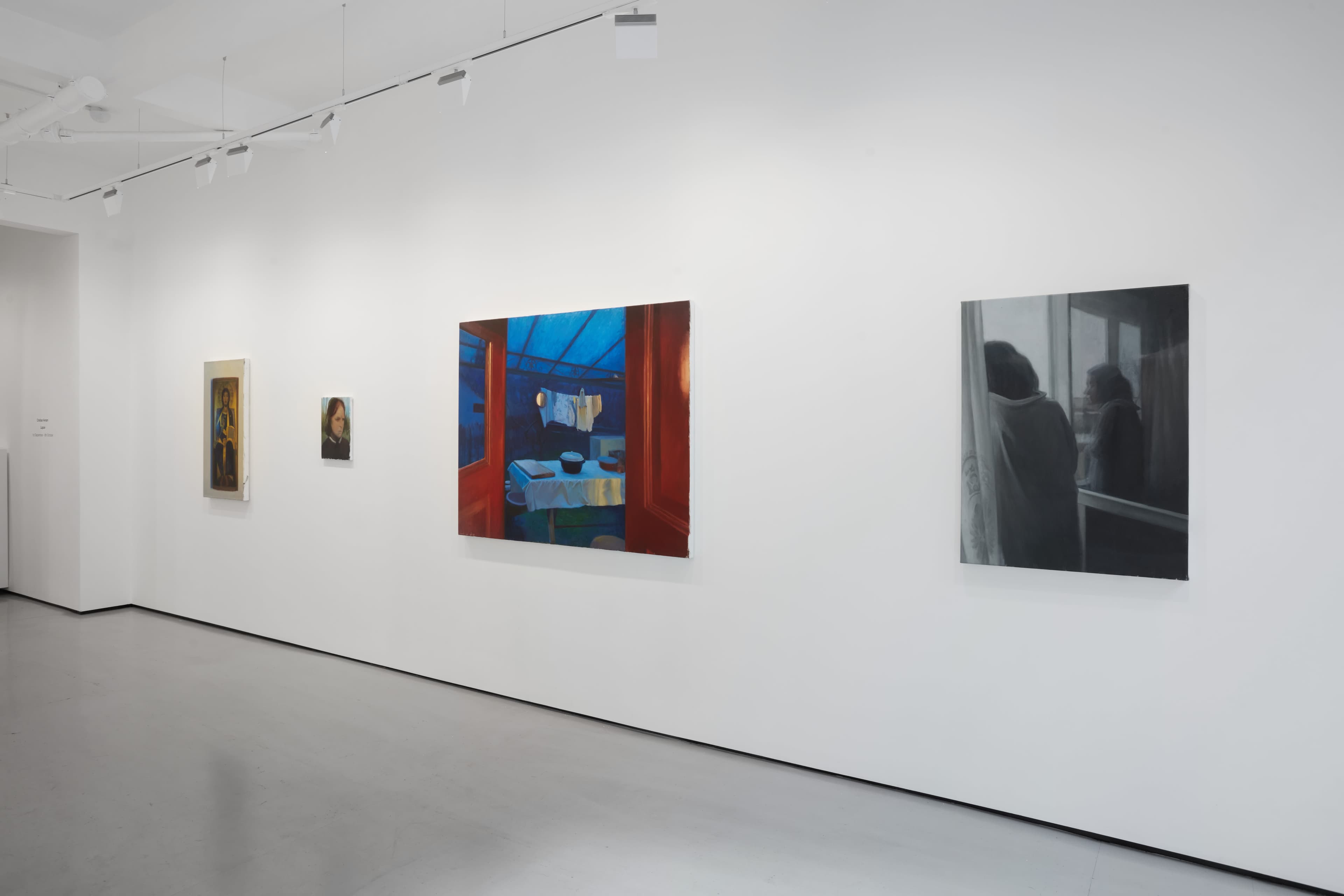 Installation shots of Cristian Avram's exhibition 'Lapse' at Workplace in London. An exhibition of oil paintings in a minimal white gallery space. 