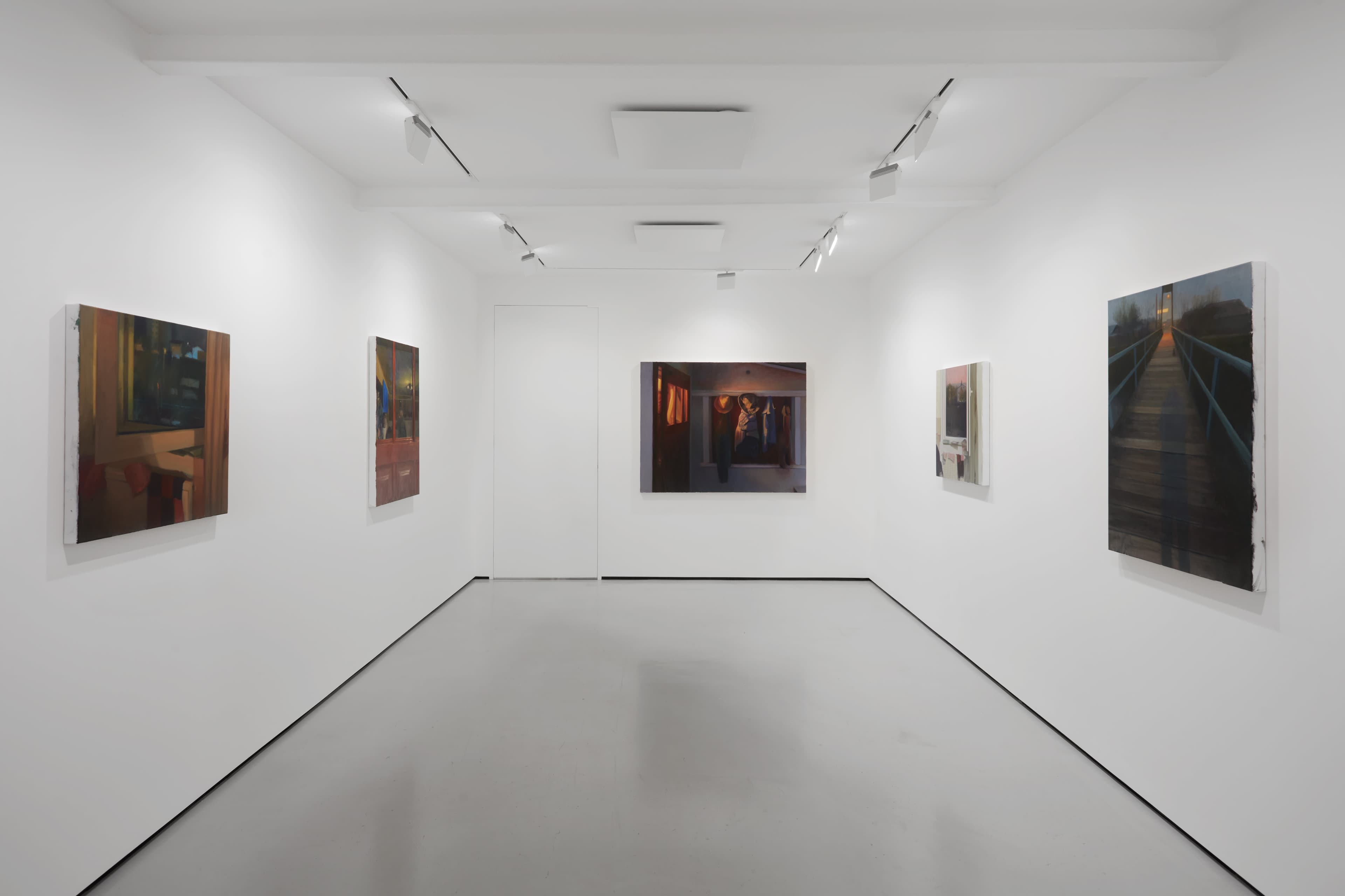 Installation shots of Cristian Avram's exhibition 'Lapse' at Workplace in London. An exhibition of oil paintings in a minimal white gallery space. 