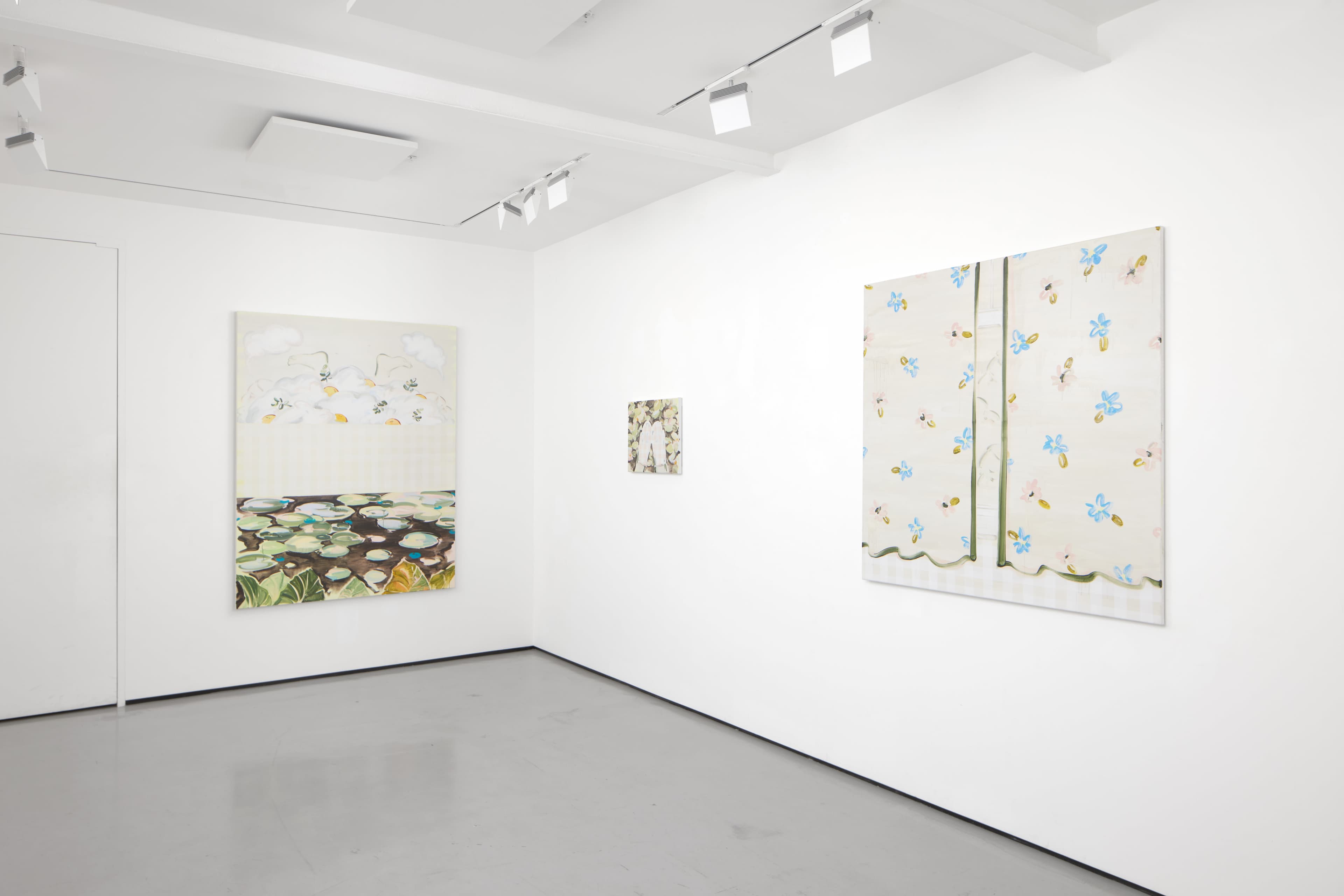 Sooim Jeong's paintings for her exhibition 'Summer Remains' presented in the minimal white walled and grey floored basement space of Workplace, 50 Mortimer Street