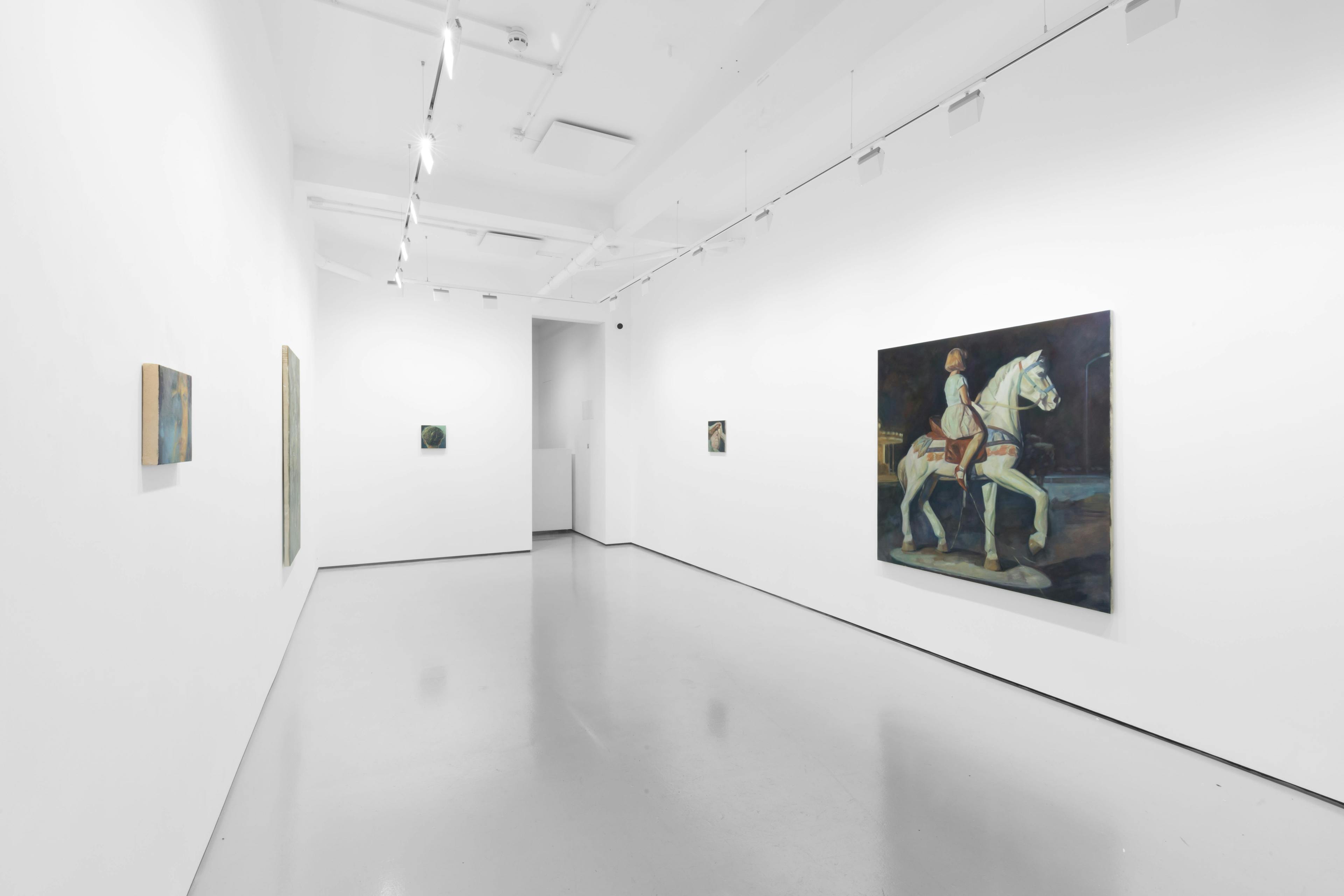 An installation view of Pei Wang's solo exhibition including several dark figurative paintings