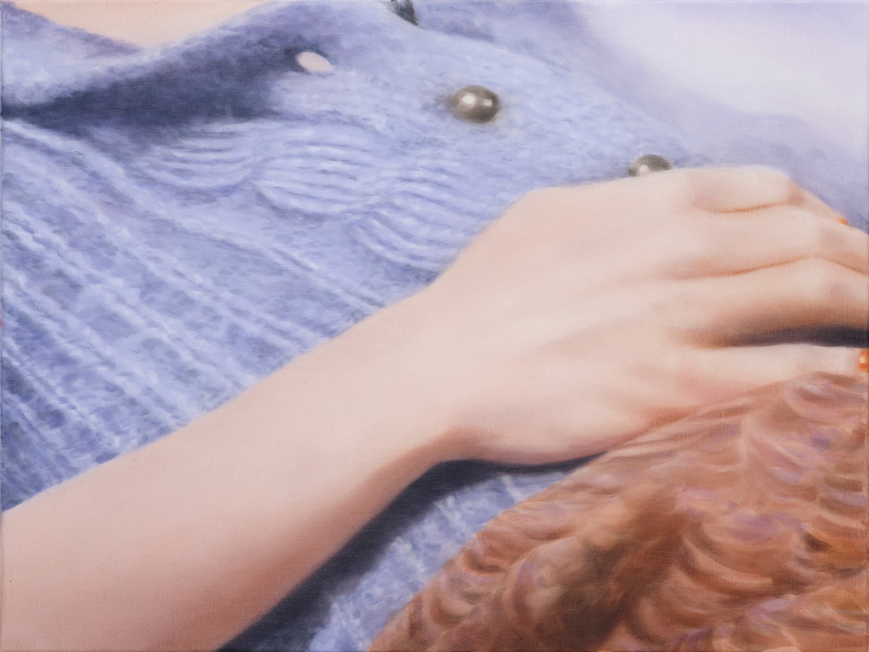 A detail of a painting by Rachel Lancaster of a blue knitted jumper with a hand draped over it