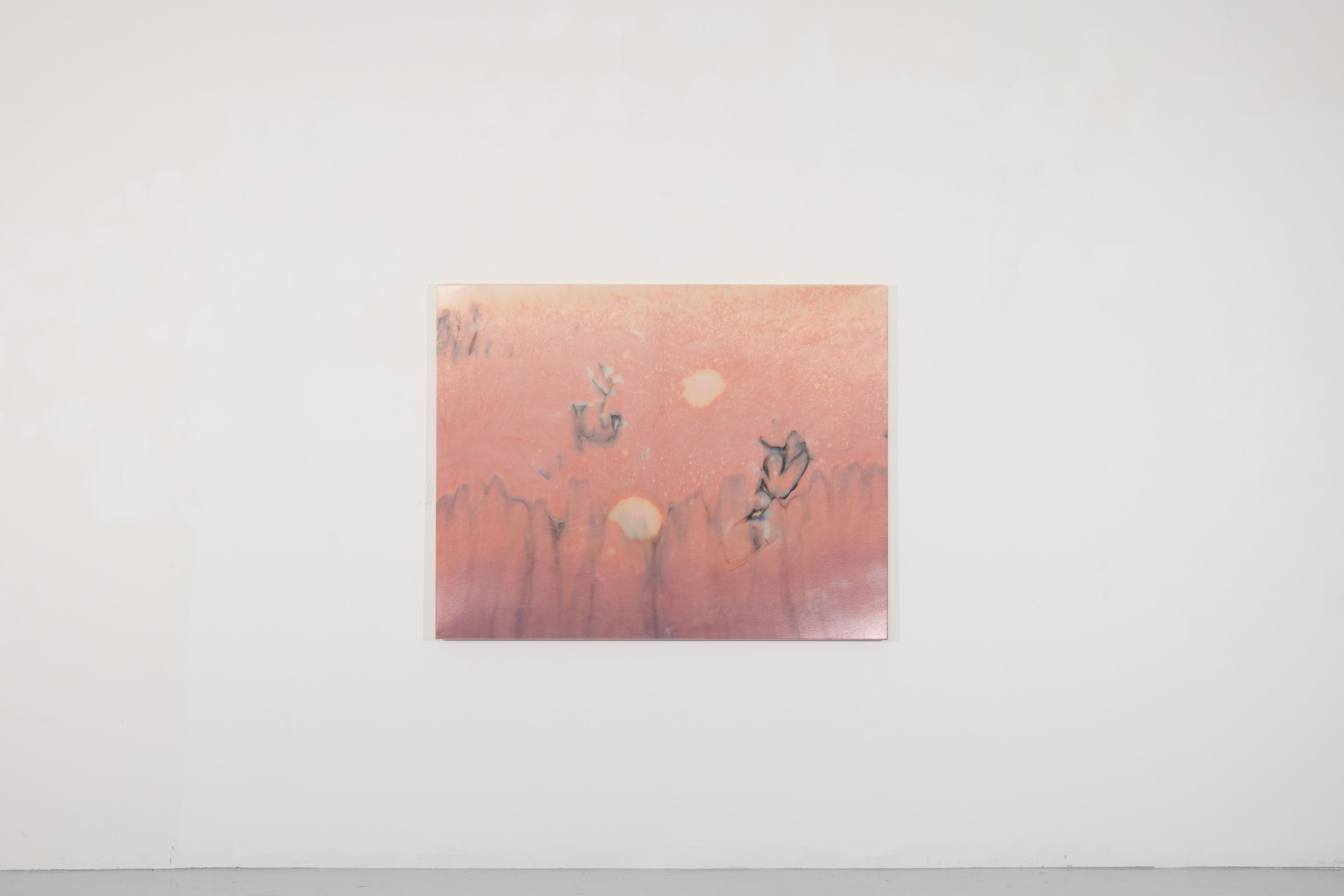 Medium sized painting by Max Boyla. Pink background with two bleached white and pale pink circles in the middle of the canvas, and grey marble markings. 