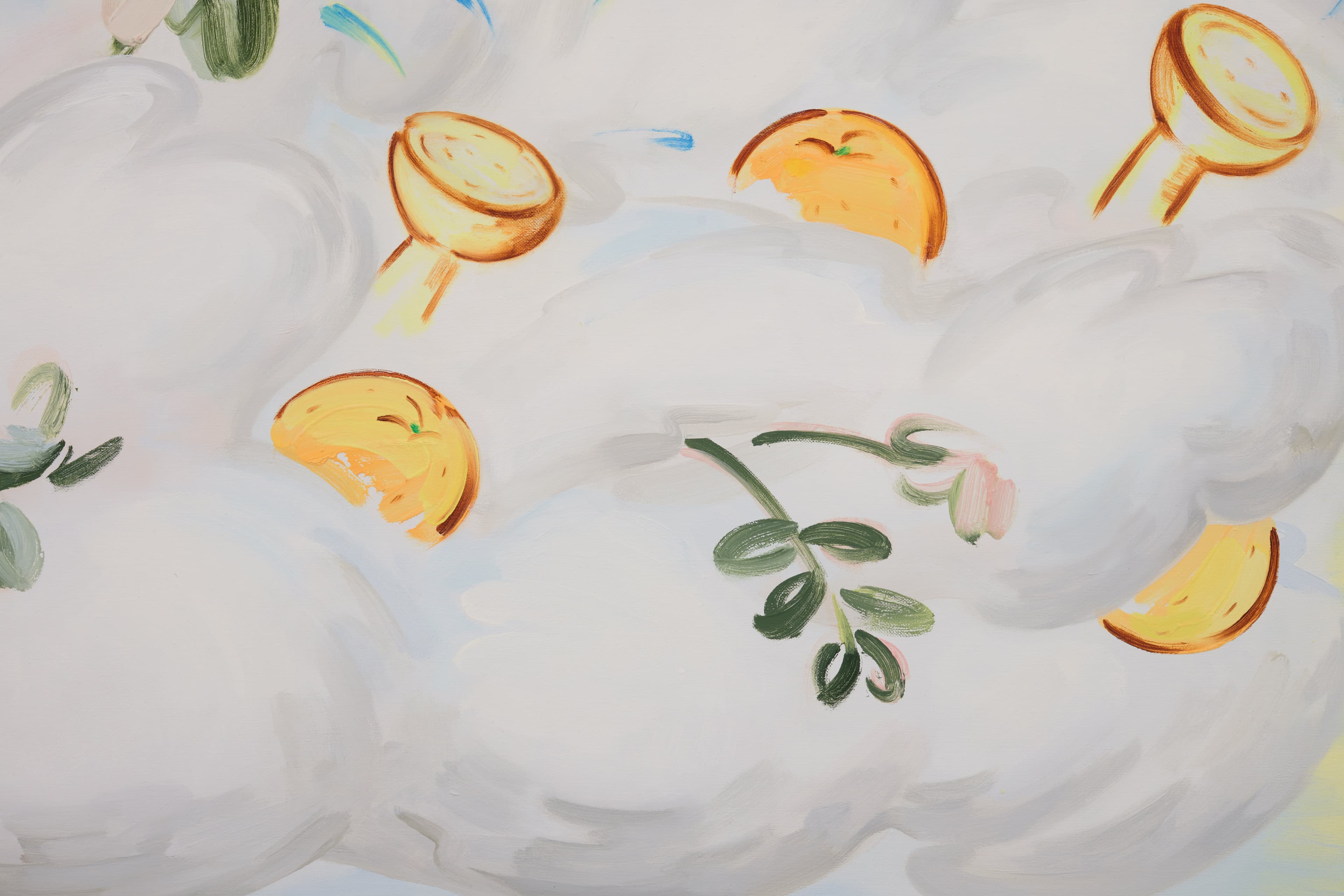 Oil on linen painting of a cloud bubble with foliage and oranges emerging.