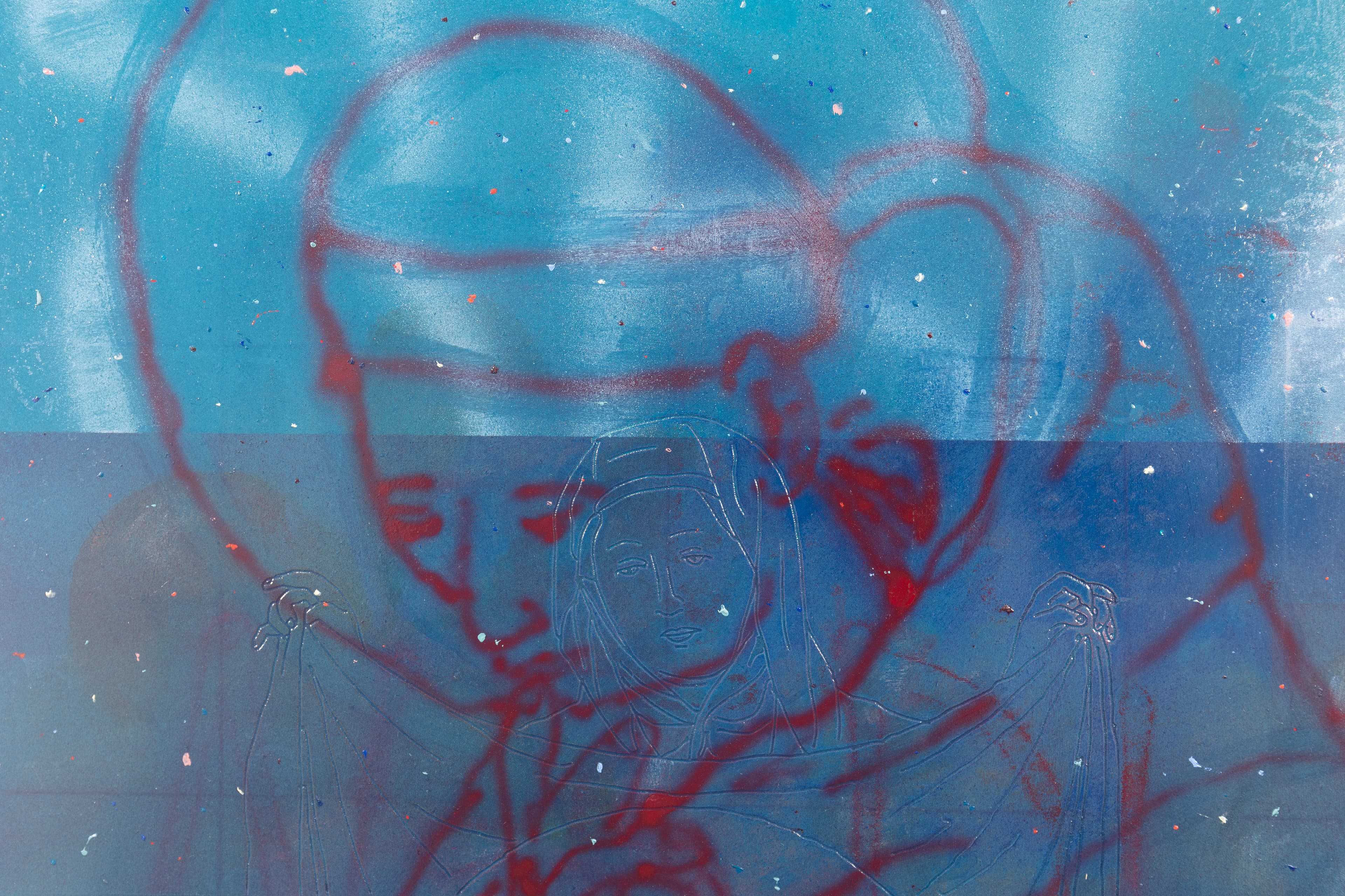 a blue painting by Alistair Woods with a red spray paint image of Saint Domenic over a routed image of Christ