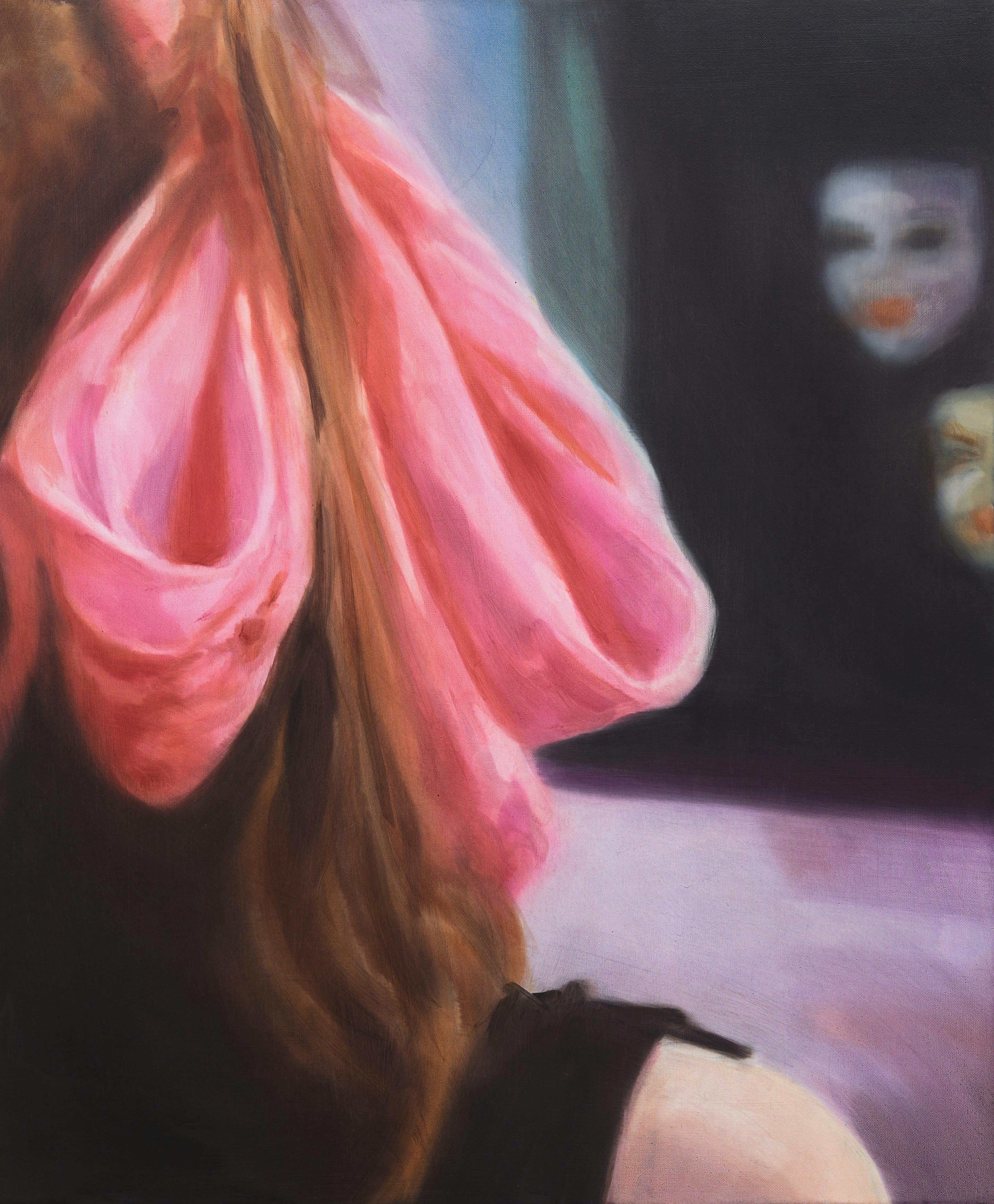A crop of Rachel Lancaster's painting 'Pull The Strings', 2022 Oil on canvas 60 x 50 cm 23 5/8 x 19 3/4 in. A large pink bow in the hair of a female figure. We see two masks facing us. 