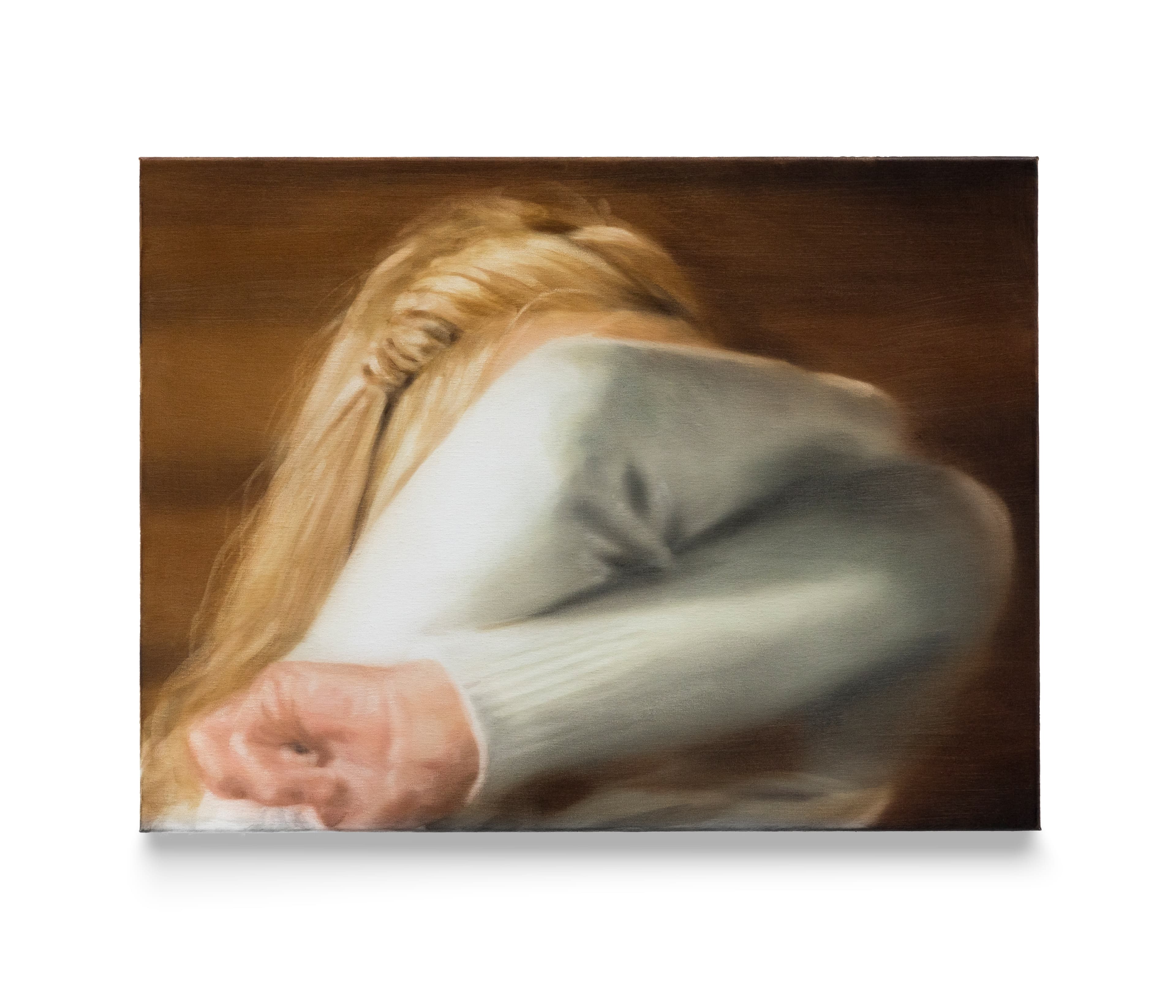 a painting of a woman taking off a jumper with folder arms in front of her face