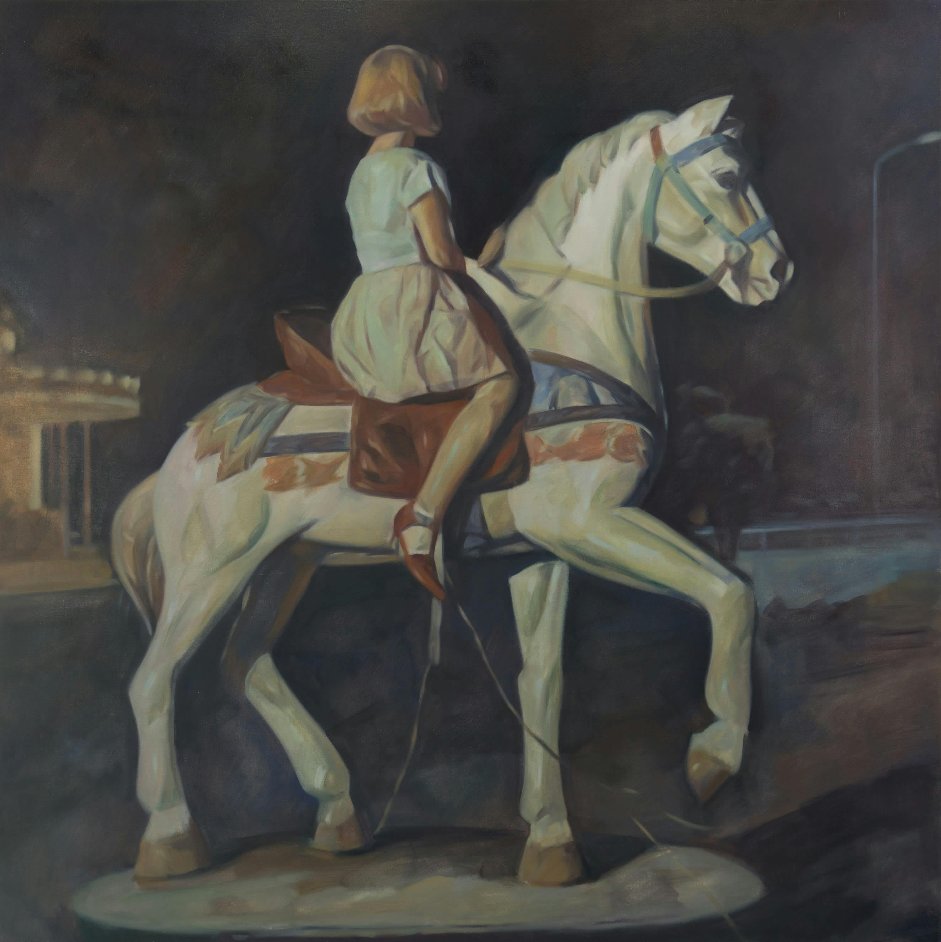 A painting by Pei Wang of a child in white with a short blonde bob sitting on a white horse