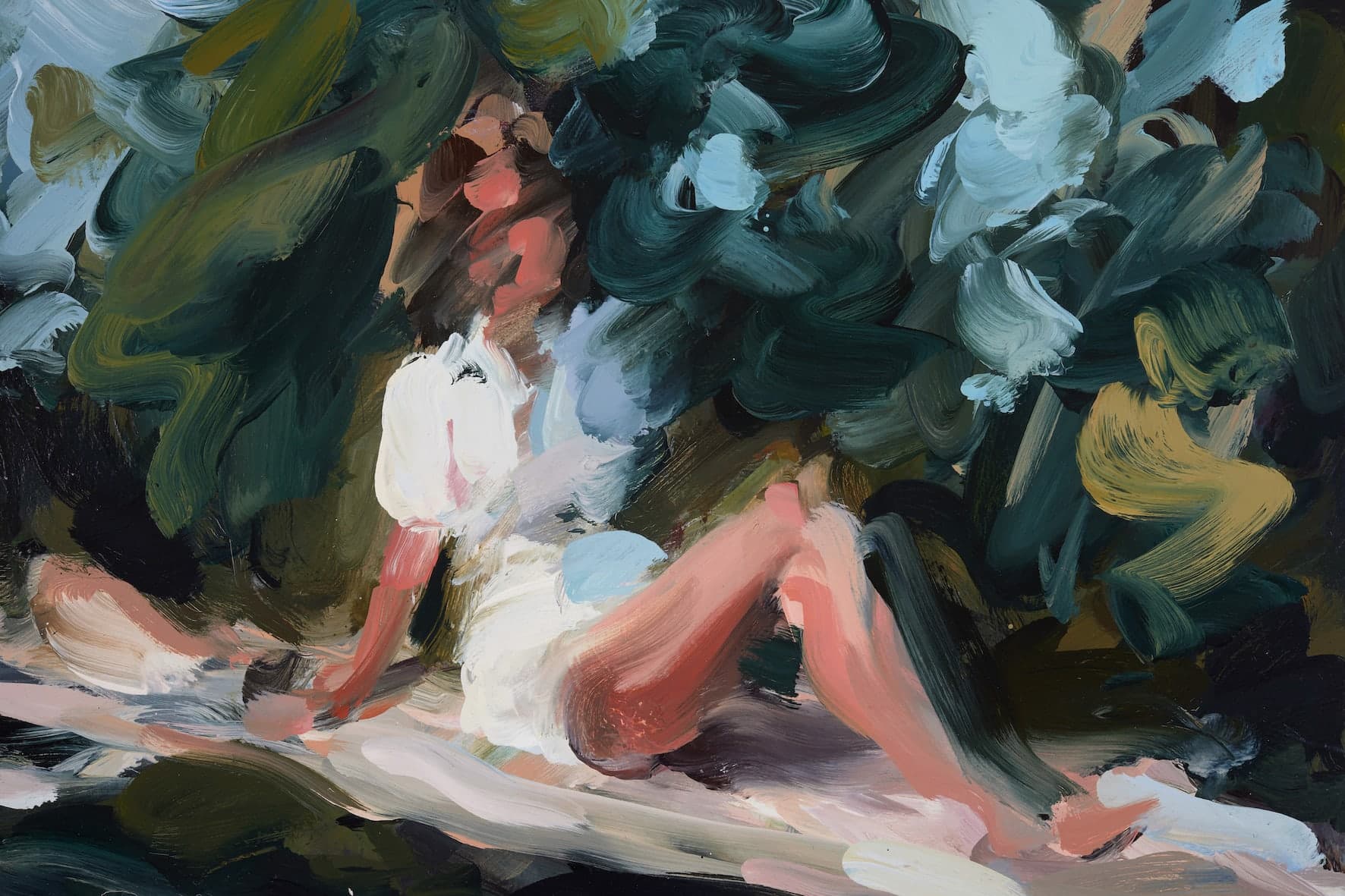 Painting of woman sat next to a body of water painted in loose brushstrokes.