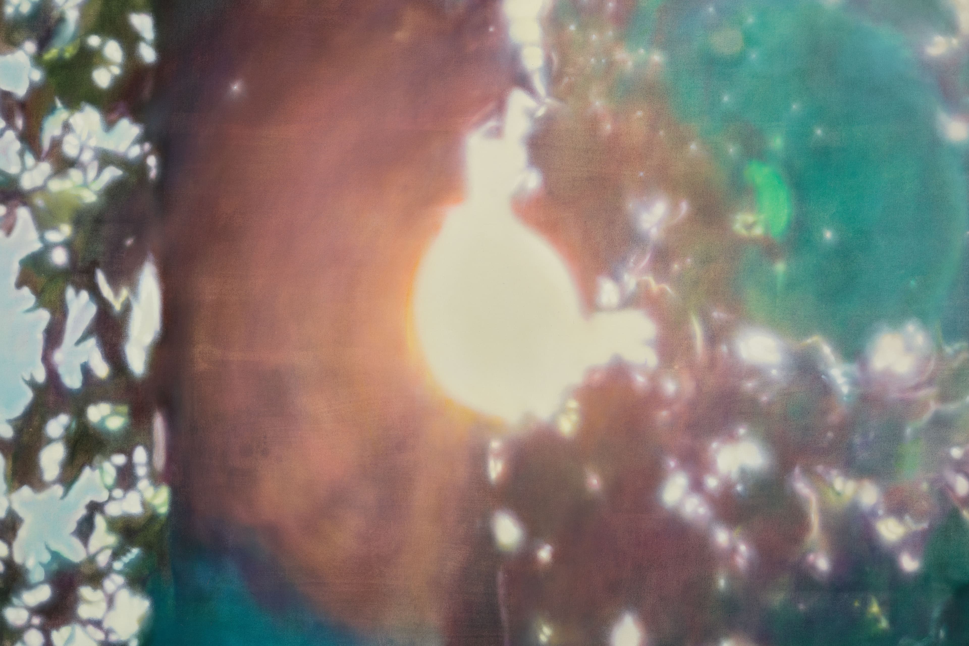 a close-up crop of a painting by James Prapaithong of the sun through the trees