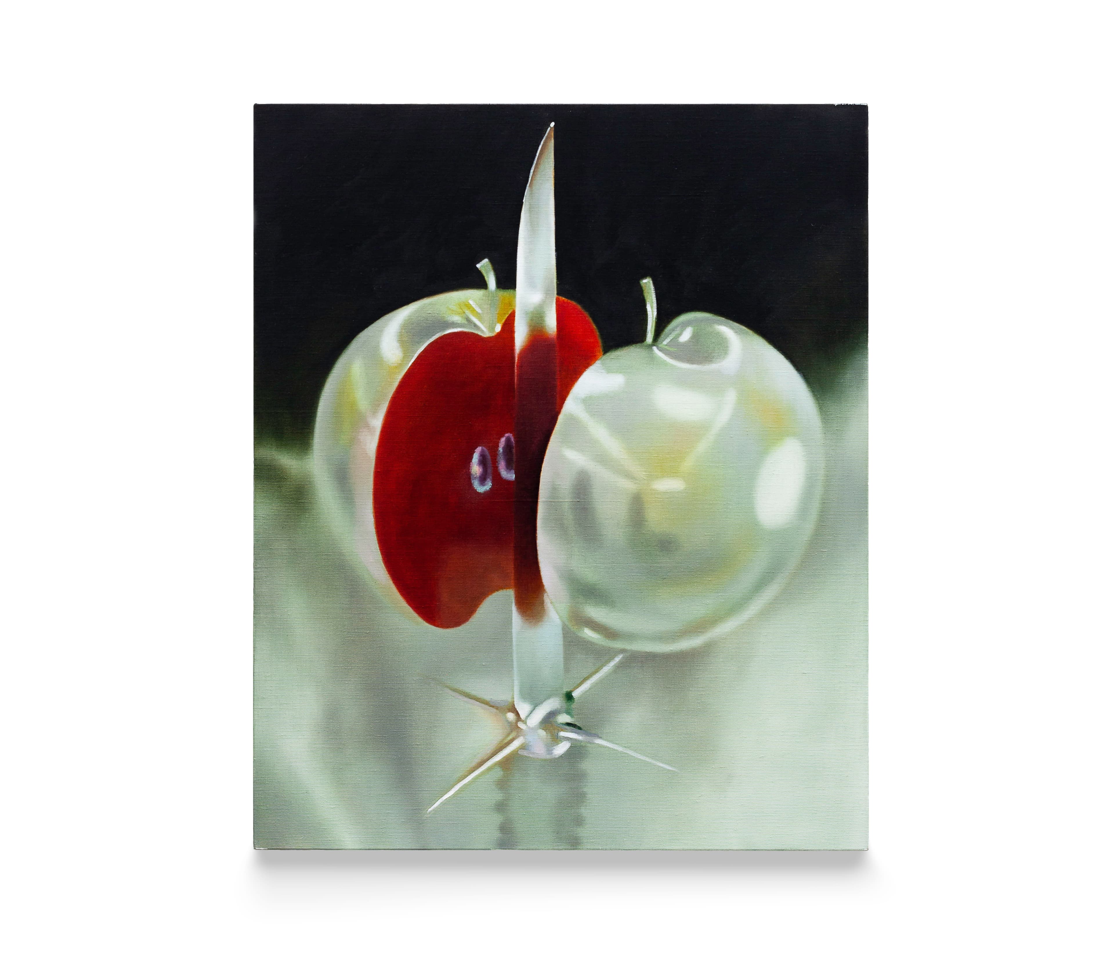 A painting by Robin Megannity of a silver metallic apple with a red core being cut half by a silver knife