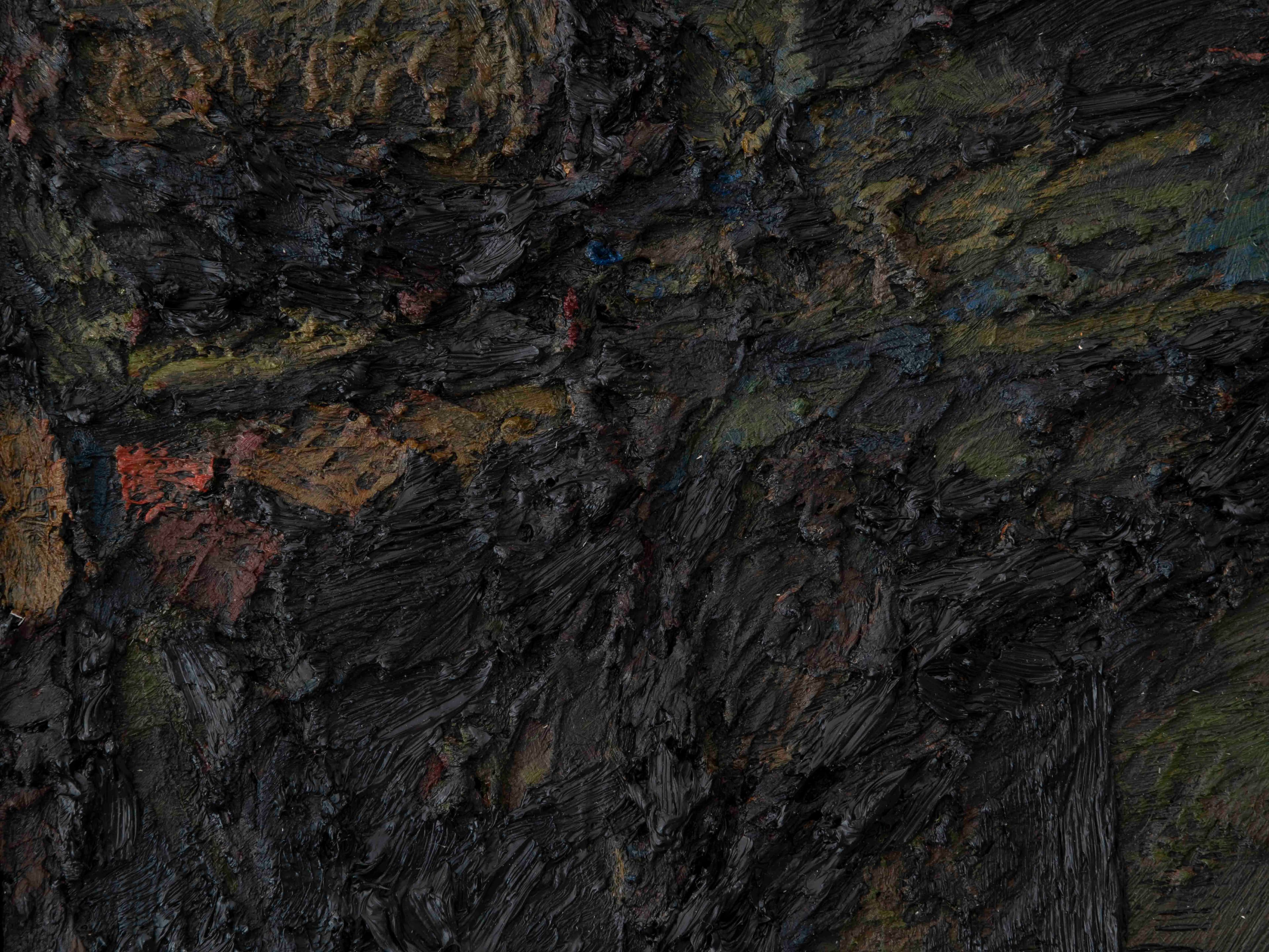 Small acrylic/oil painting by James Collins. Dark green and brown oil paint on canvas, with a textural quality similar to bark from a tree.