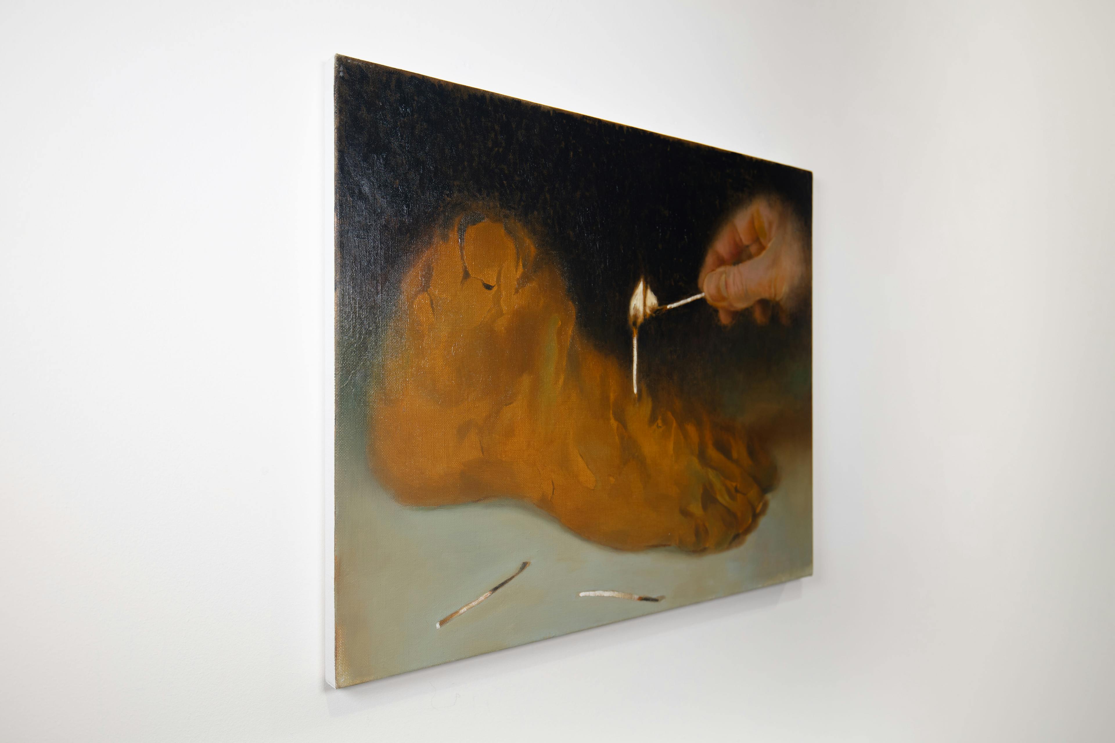 a painting of a hand lighting a match stuck in a clay sculpture of a foot with a match. 