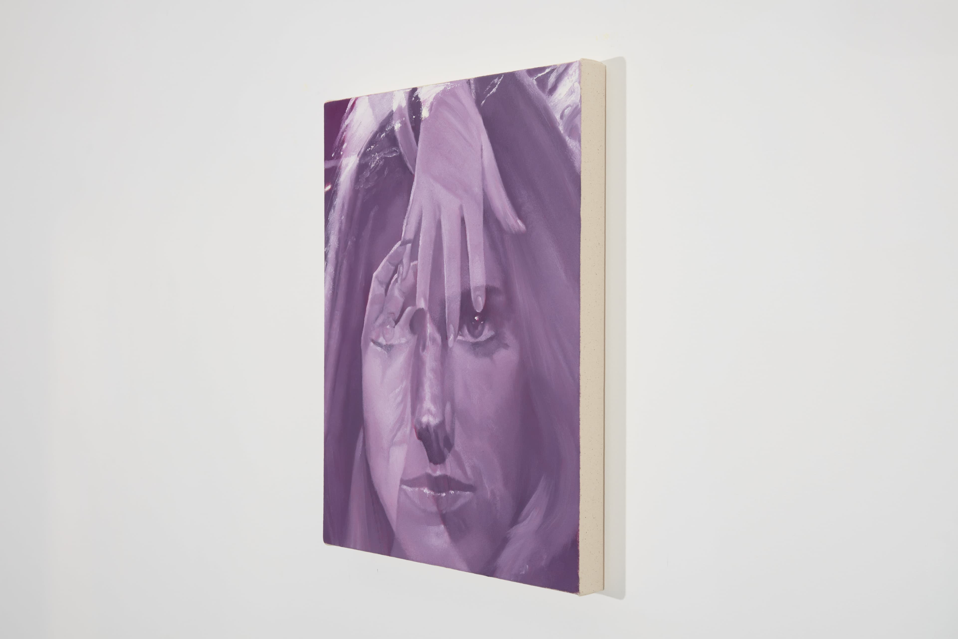 Small oil painting by Julia Maiuri. Two scenes superimposed on top of each other showing a portrait of a woman's head and two hands reaching out. Painting is purple