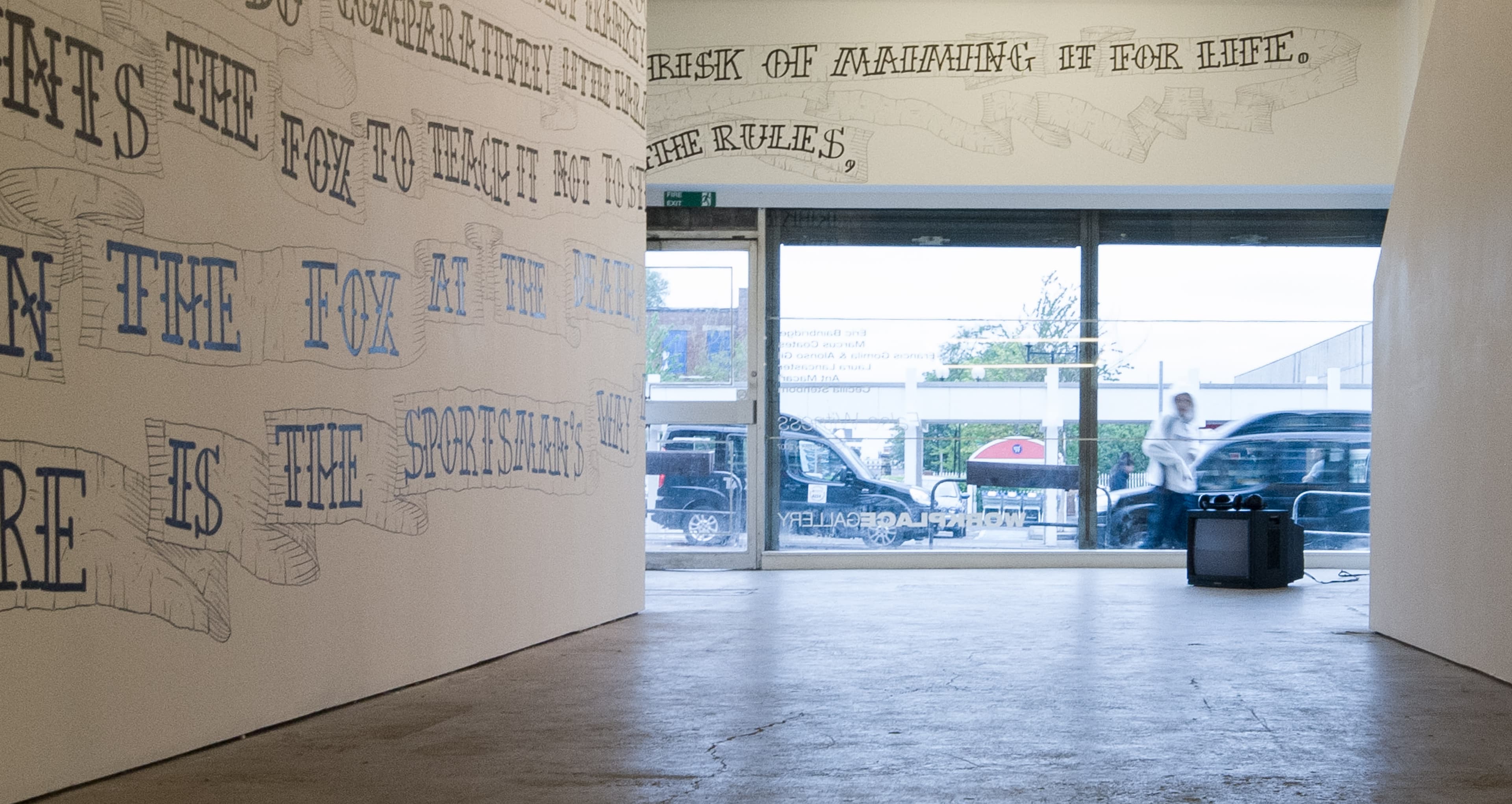 Installation shots of False Witness - an exhibition of artworks by Eric Bainbridge, Marcus Coates, Francis Gomila, Laura Lancaster, Ant Macari, and Cecilia Stenbom at Workplace in Gateshead