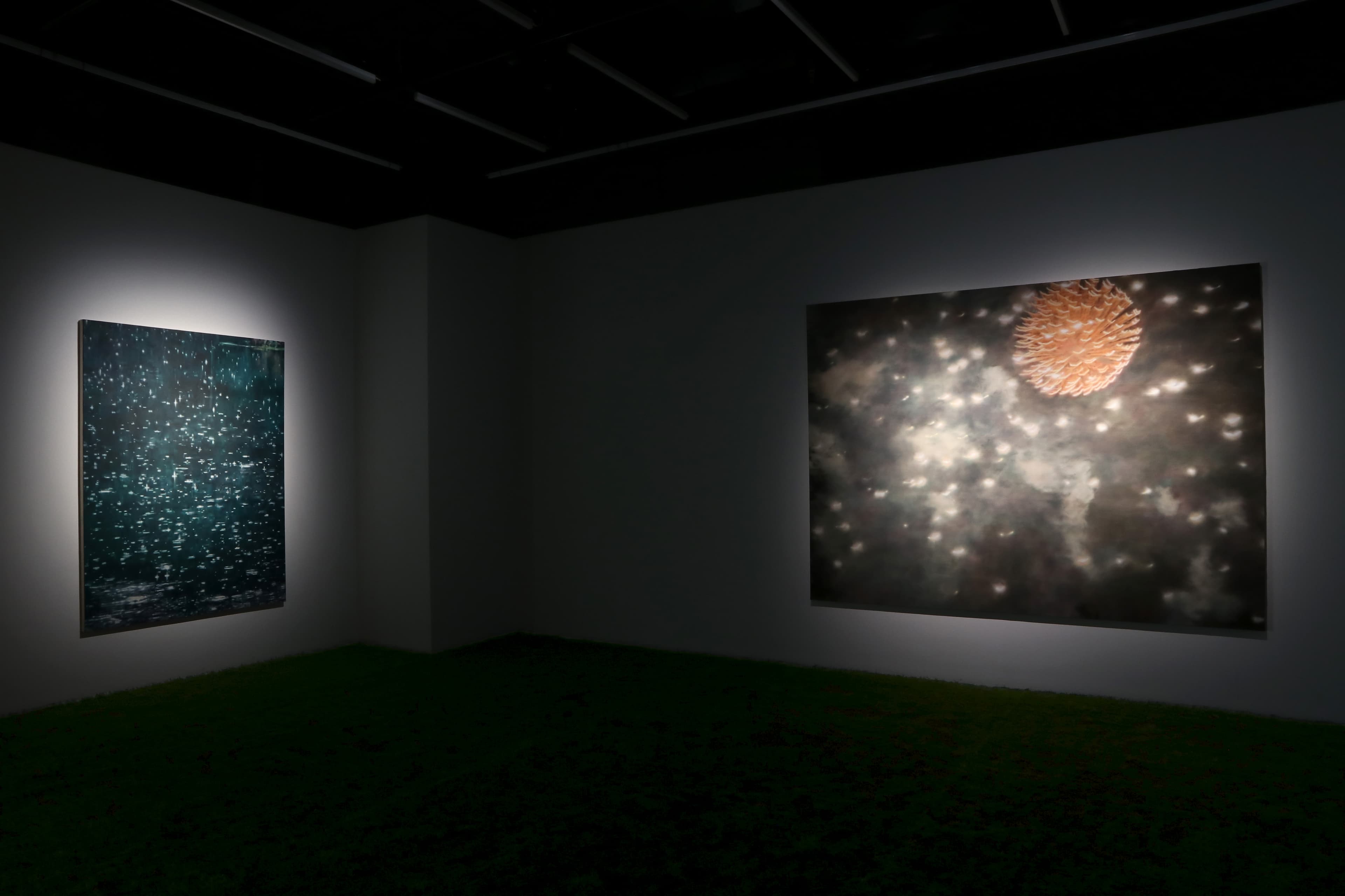 Installation view of a dark room with paintings by James Prapaithong softly spotlit