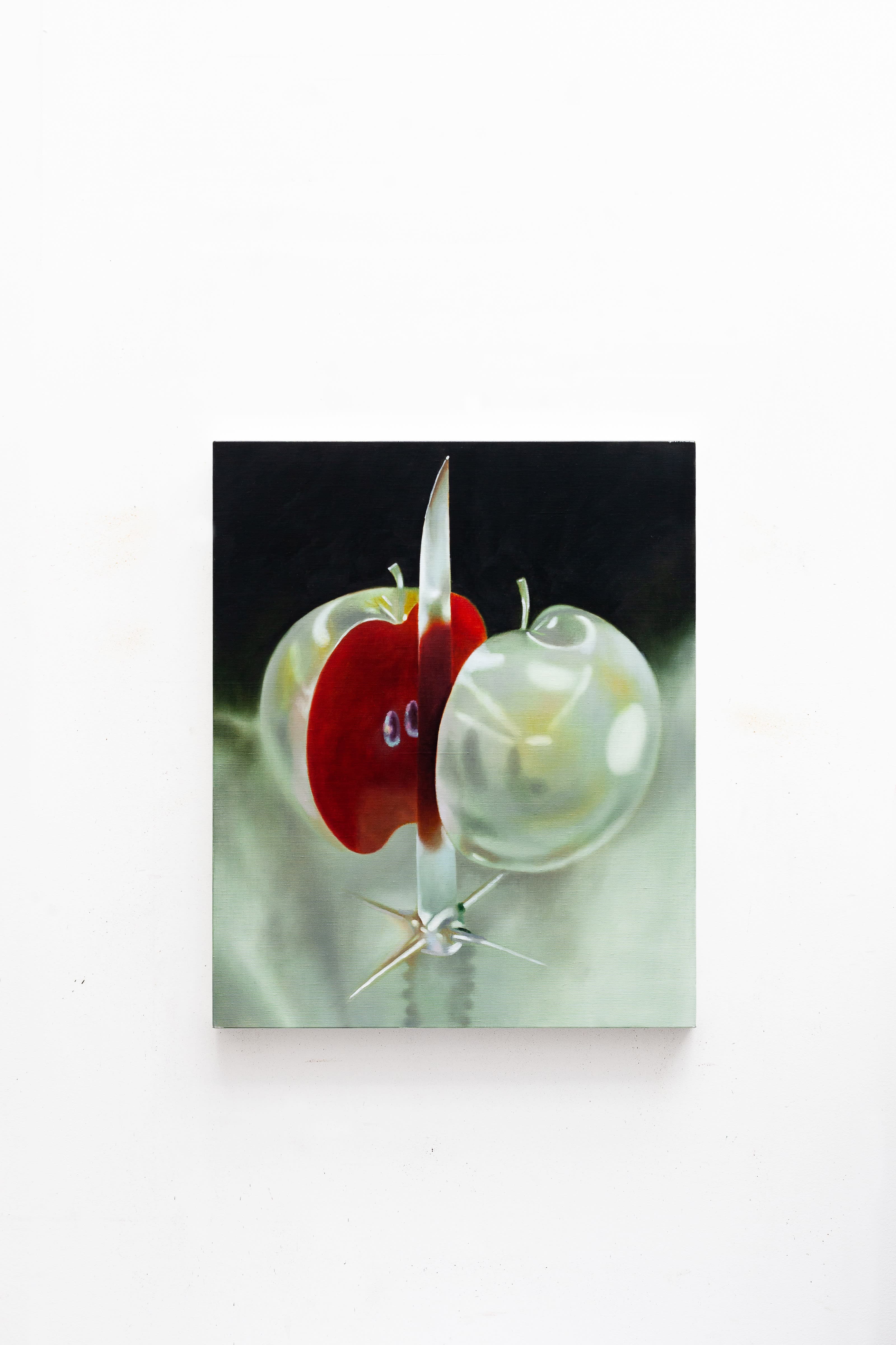 A painting by Robin Megannity of a shiny silver metallic apple with a red core being cut in half by a silver knife