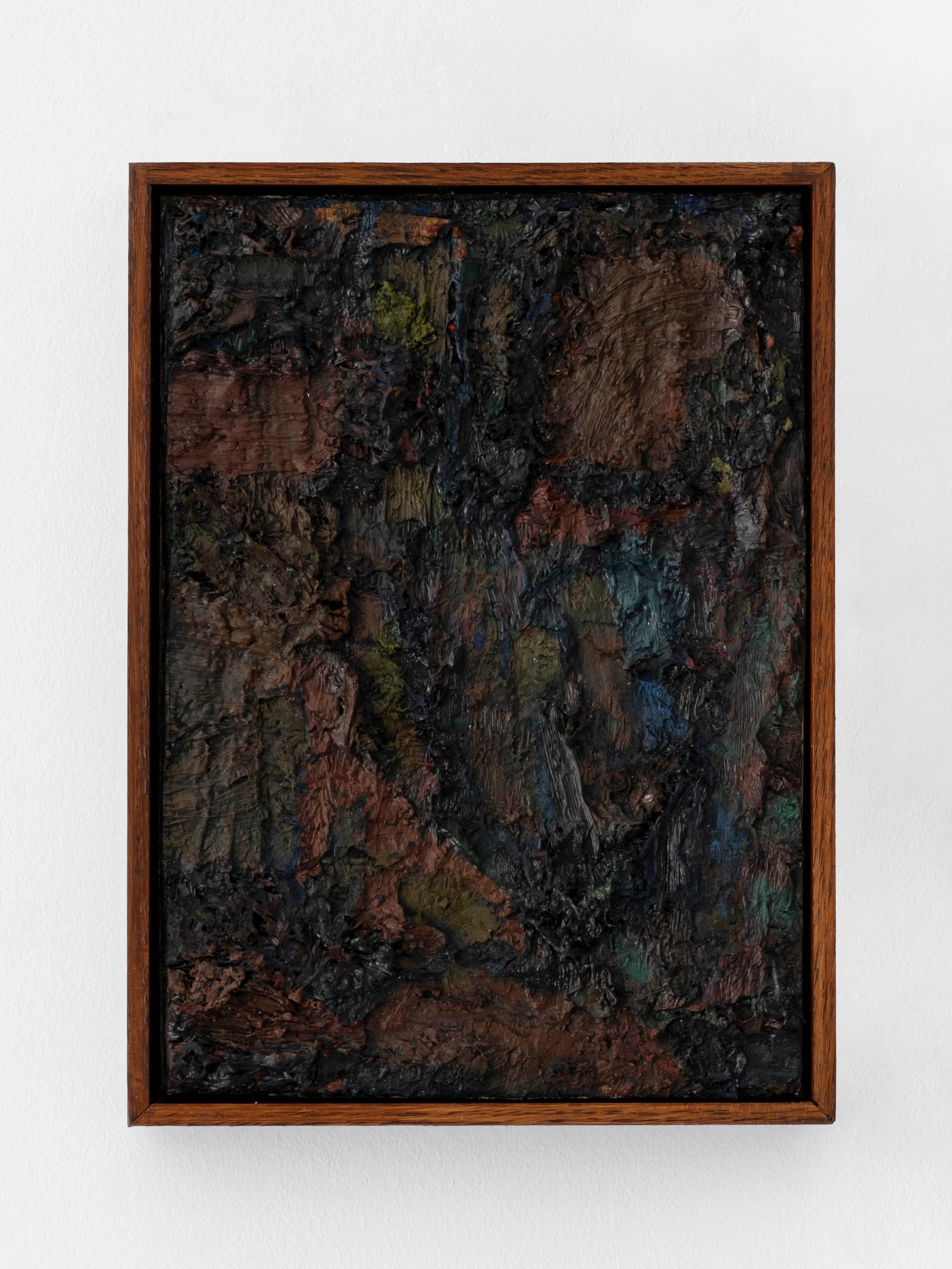 Small acrylic/oil painting by James Collins. Dark brown, green and blue oil paint on canvas, with a textural quality similar to bark from a tree.