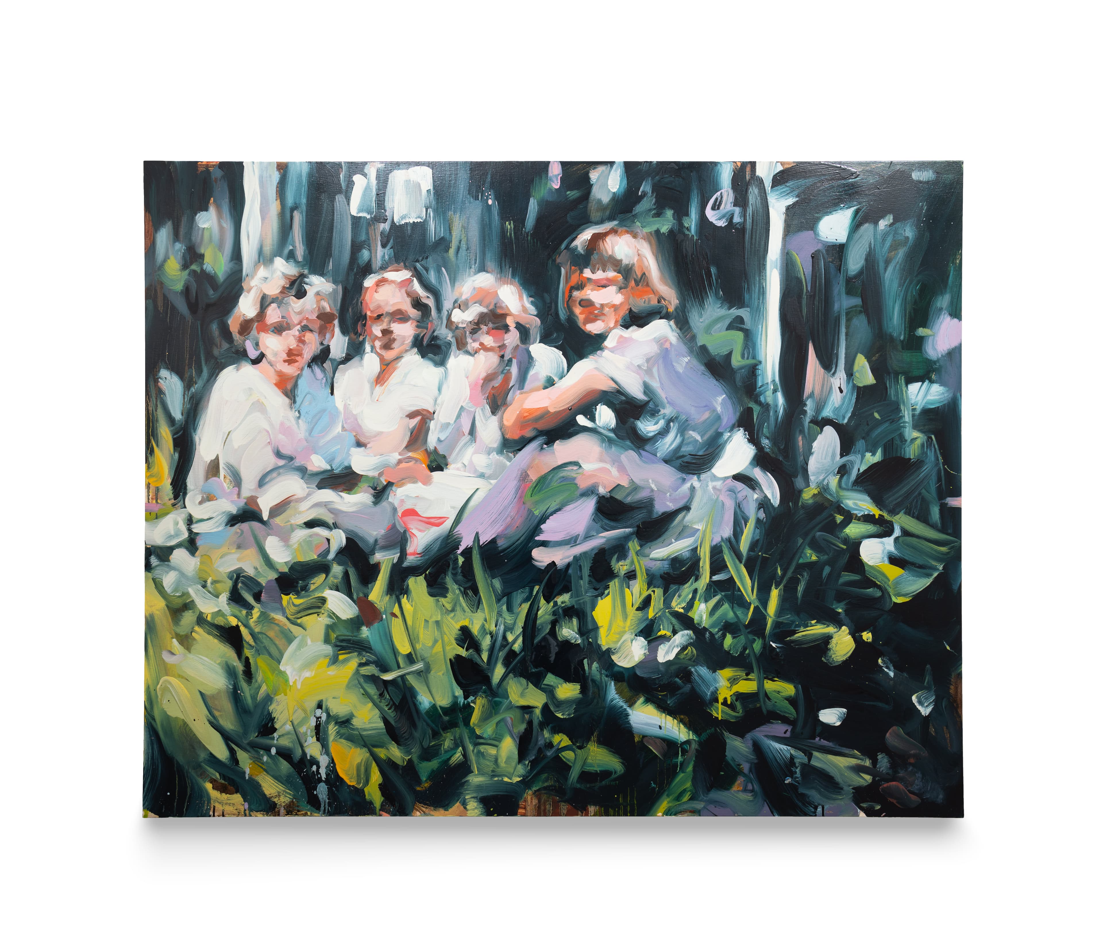 a painting of 4 children sitting together in the woods, they are staring out at the viewer