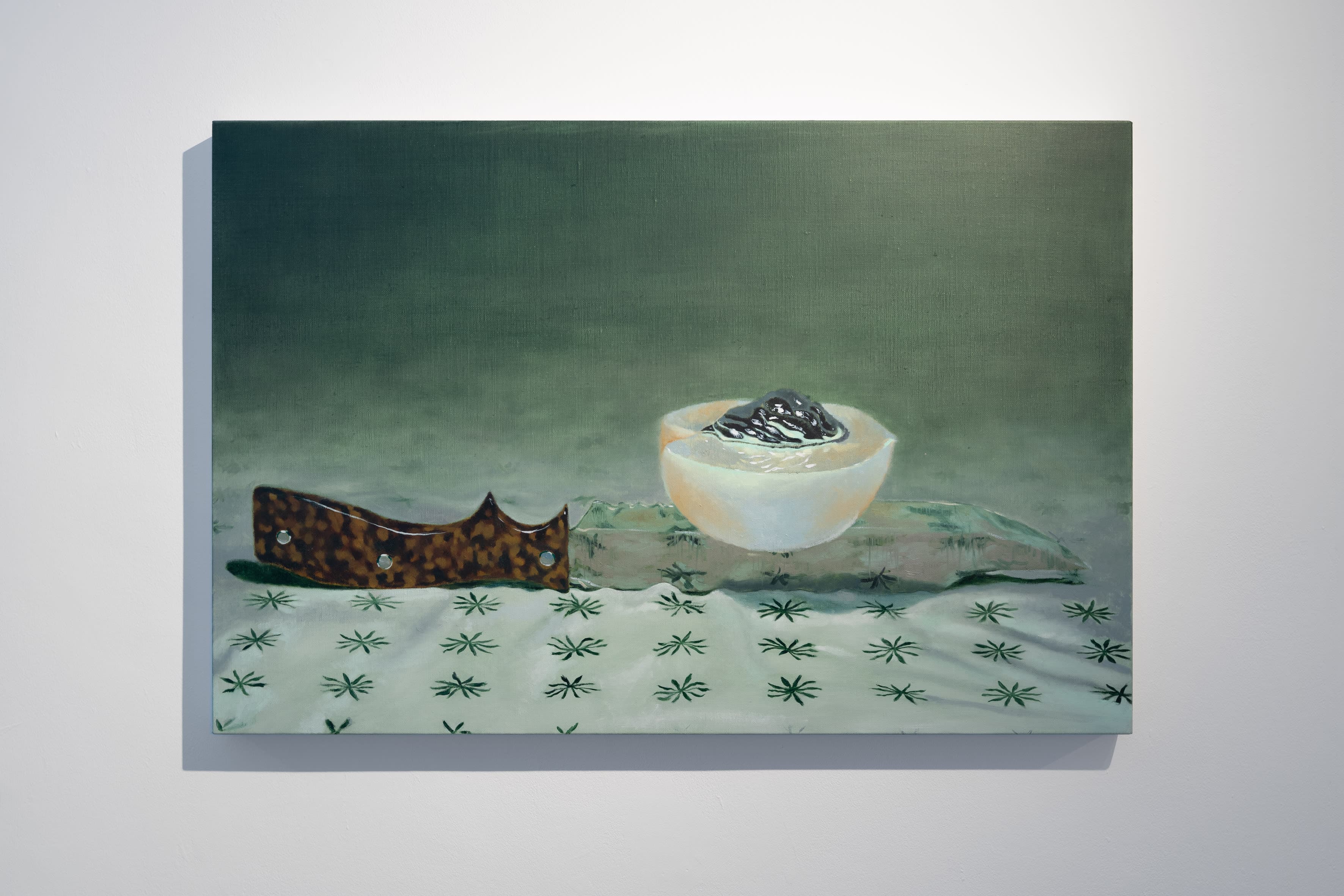 A painting by Robin Megannity of a knife lying horizontally with half a white plum sat on the blade