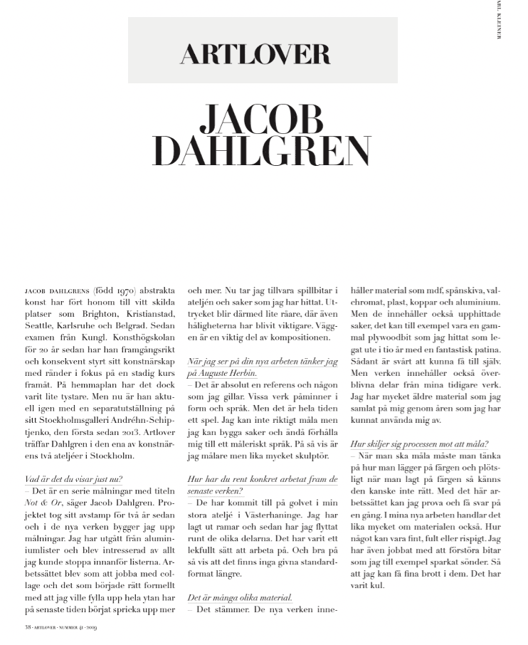 Artlover Magazine ‘Jacob Dahlgren’  1 September 2019 By David Castenfors 