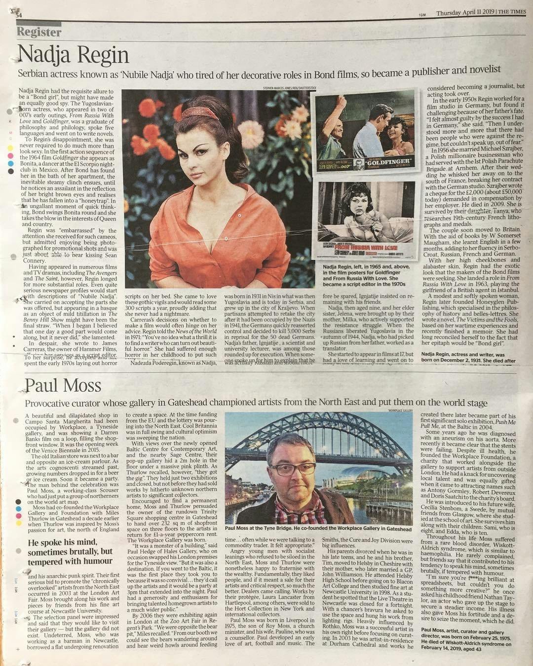 A page from the obituaries section of The Times showing Paul Moss' obituary by Alexandra Blair