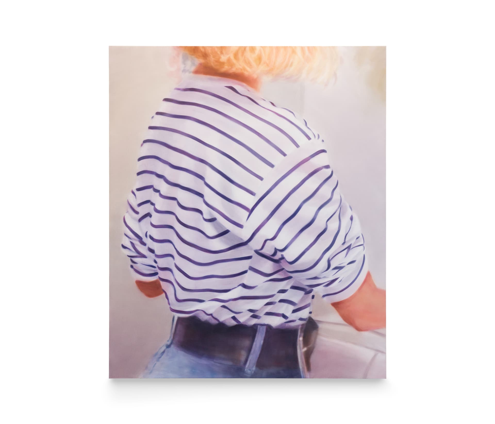 A painting by Rachel Lancaster of a woman wearing a blue and white striped shirt