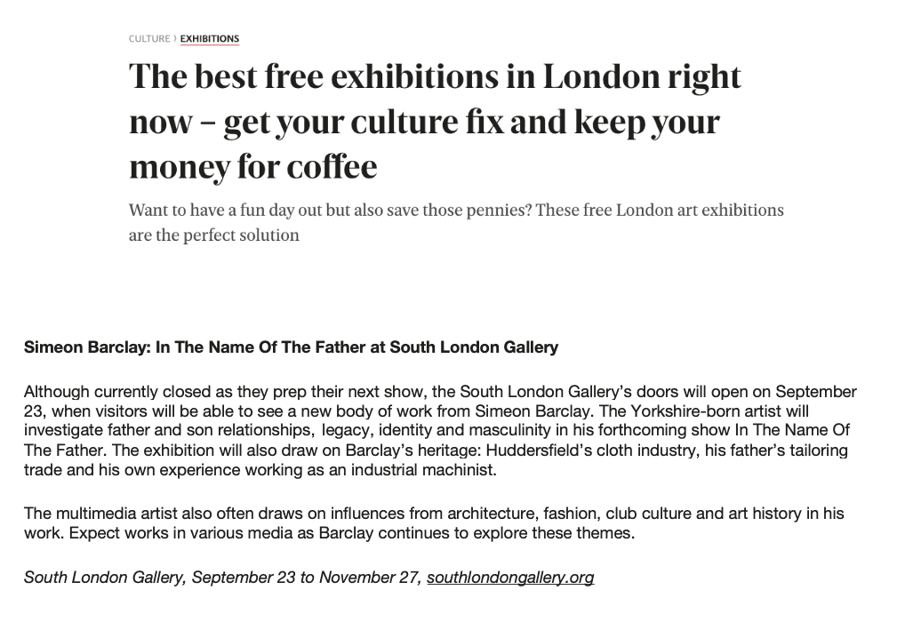 The Evening Standard ‘The best free exhibitions in London right now – get your culture fix and keep your money for coffee’ 20 September 2022 By Elizabeth Gregory
