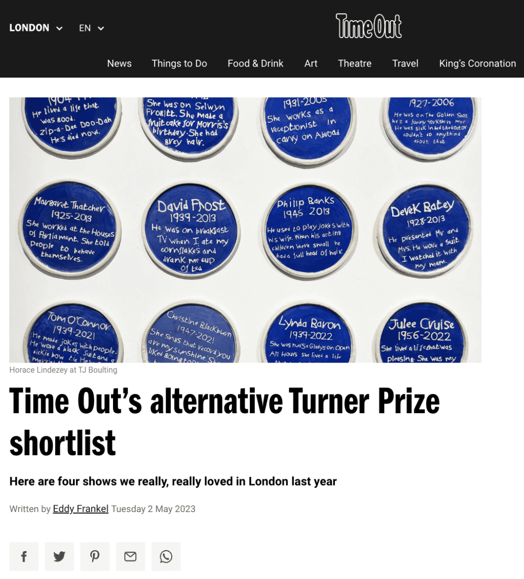 Time Out ‘Time Out’s Alternative Turner Prize Shortlist’  2 May 2023 Eddy Frankel