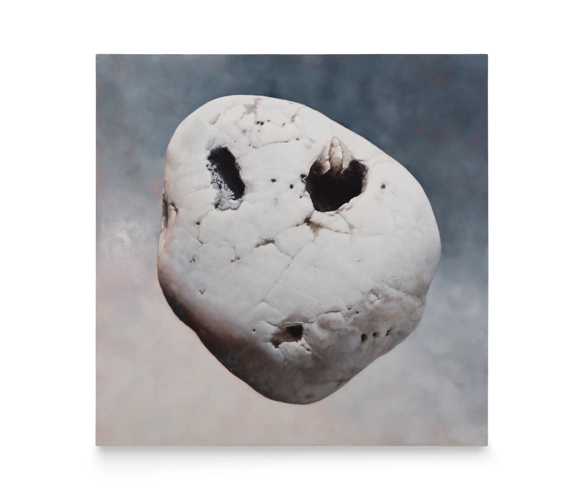 a painting of a stone floating on a grey gradient background, holes in the surface of the rock make a face like an emoji