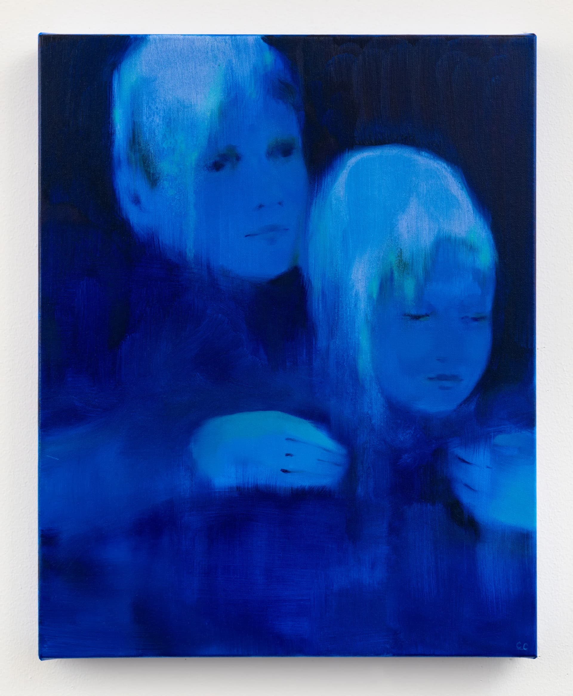 Painting by Cathleen Clarke of two people in blue tone