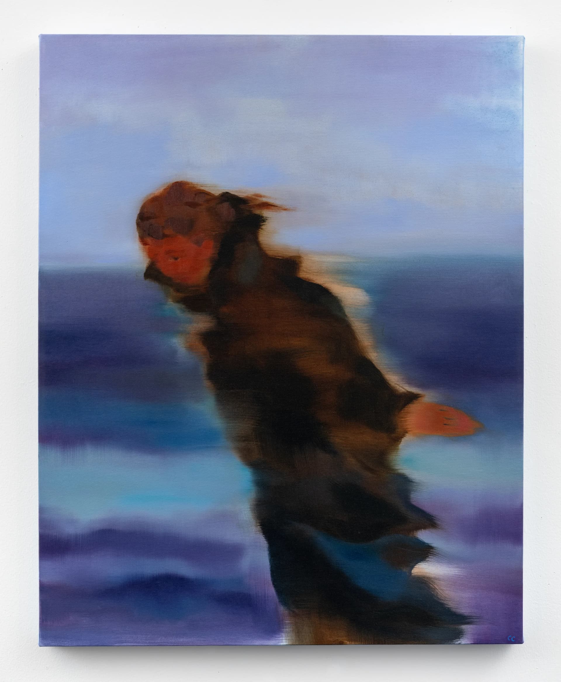 Painting by Cathleen Clarke of a woman leaning into the wind with a blue and purple background