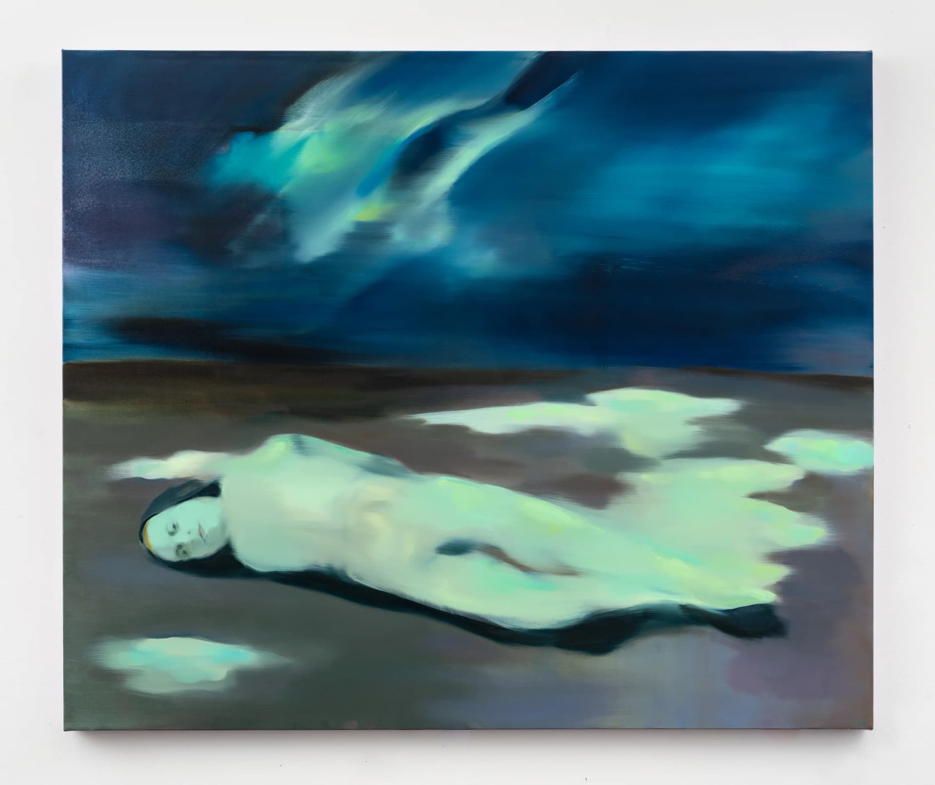 Painting by Cathleen Clarke of a woman lying down in a landscape