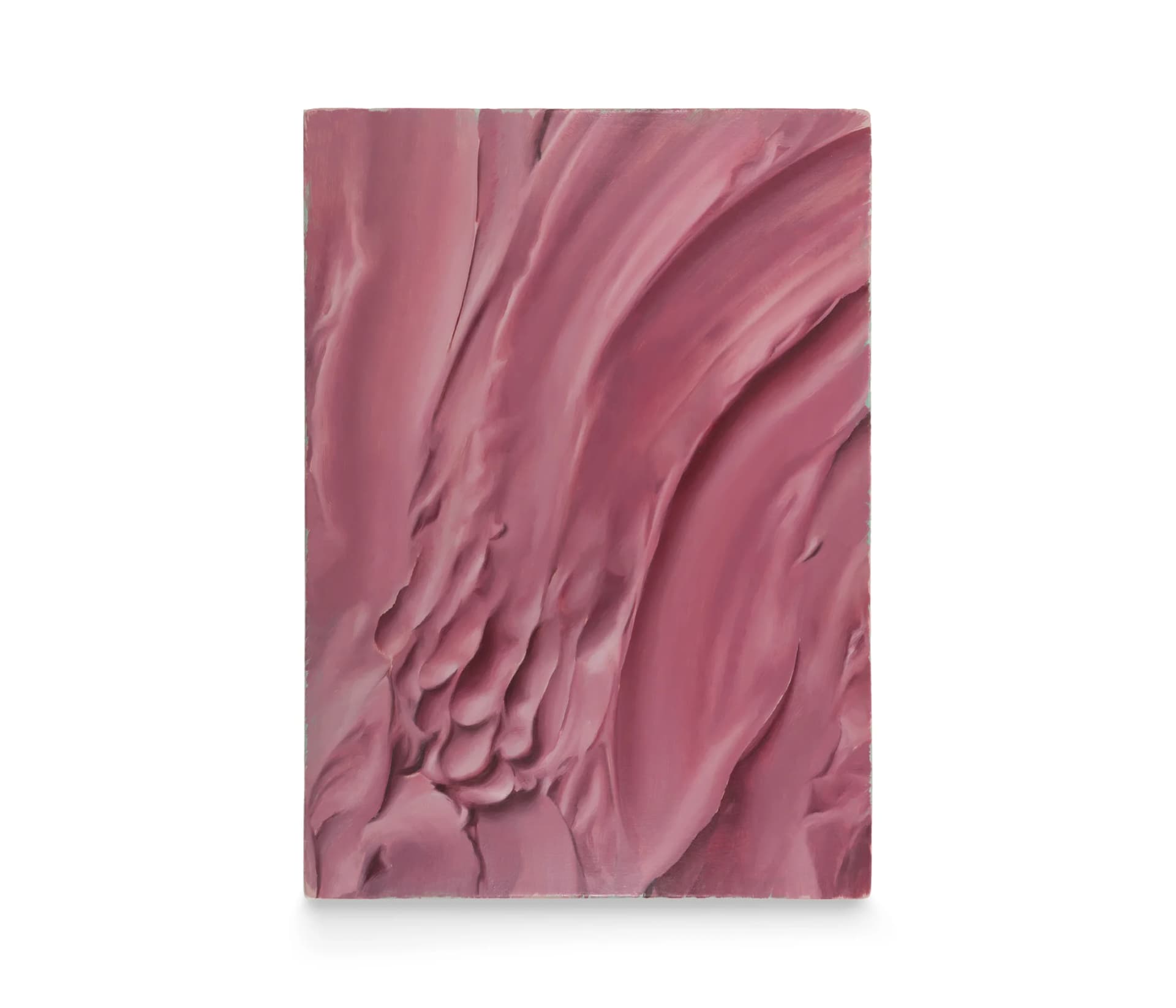 A painting by Damien Meade of a pink putty like substance with finger marks