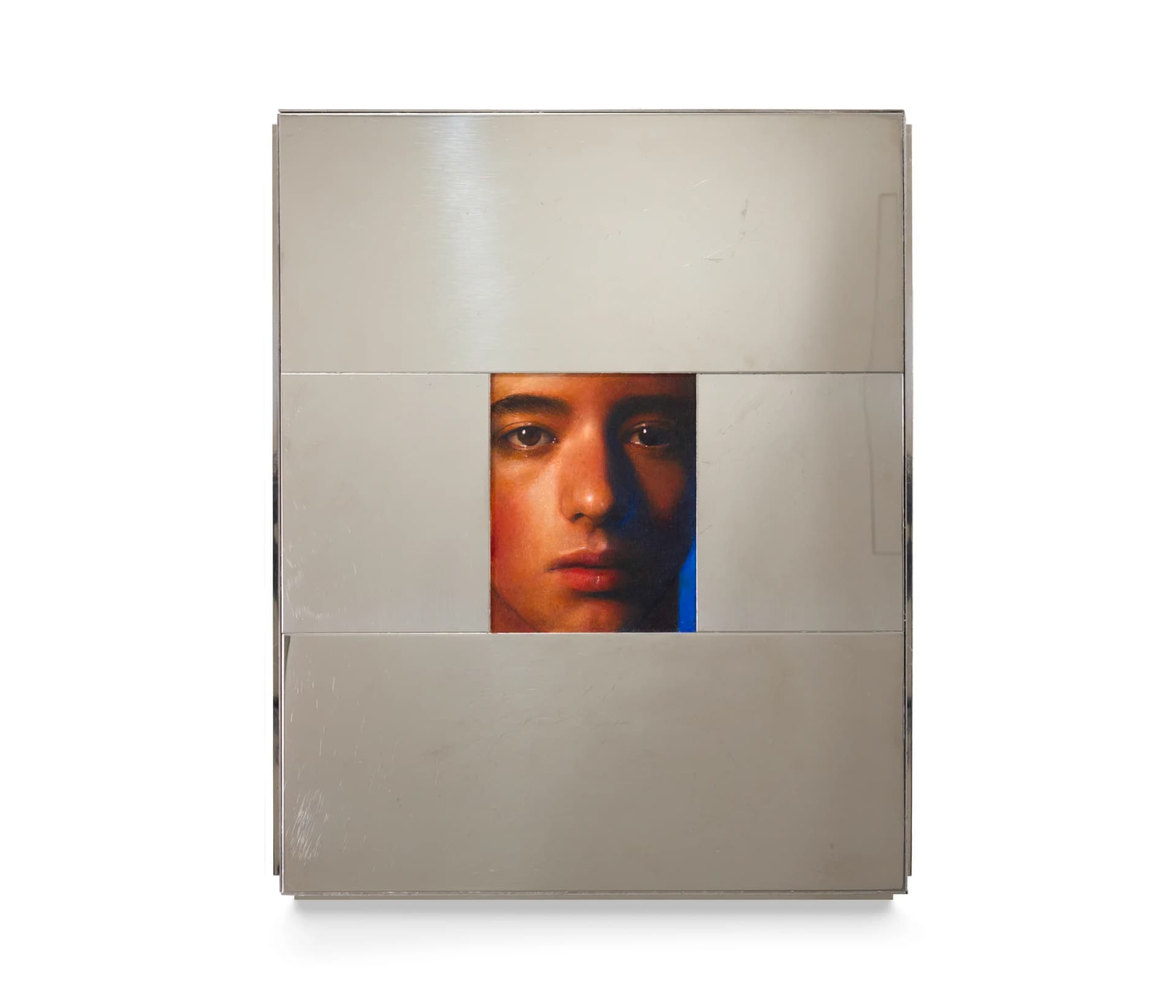 A painting of a boy by Ki Yoong, surrounded by mirror finish steel
