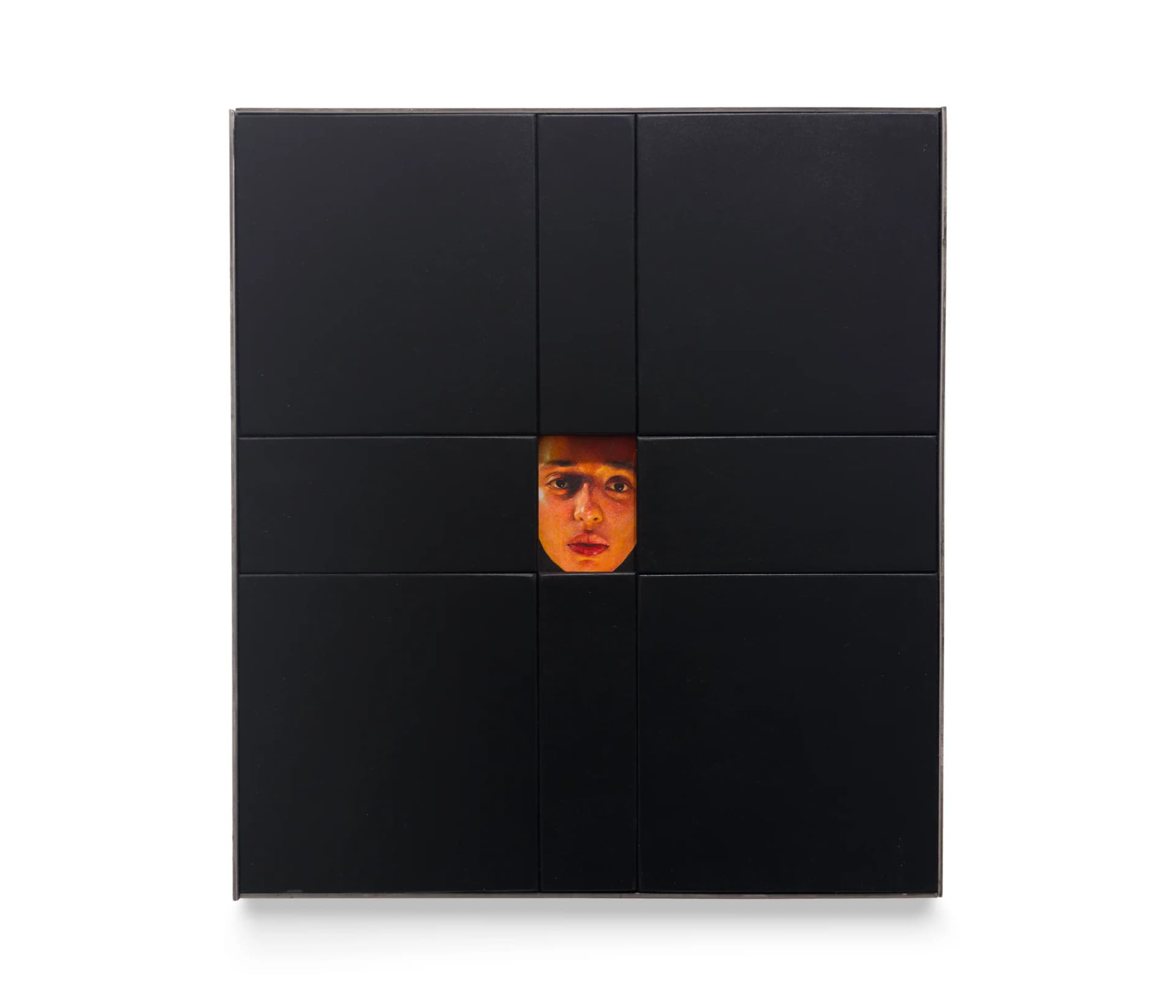 A painting by Ki Yoong of a woman's face framed within a large black wooden frame