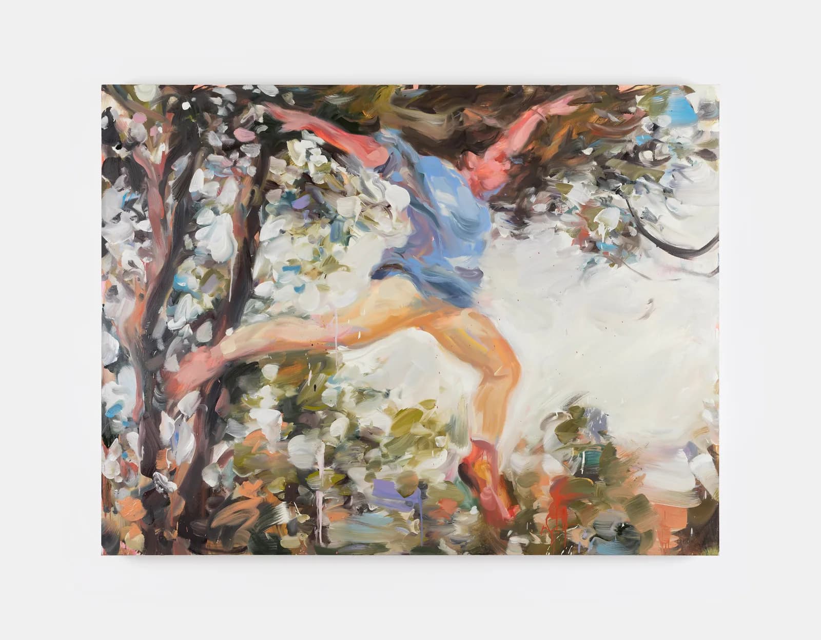 A painting by Laura Lancaster of a figure jumping out of a tree