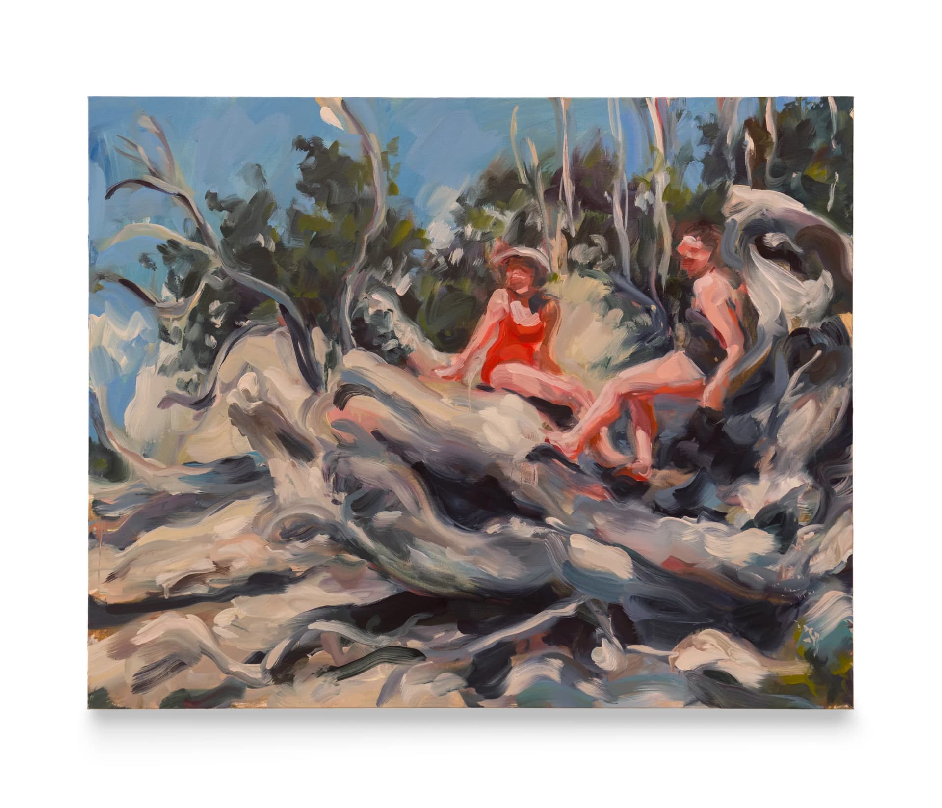 Painting of two women sitting on a rock by Laura Lancaster