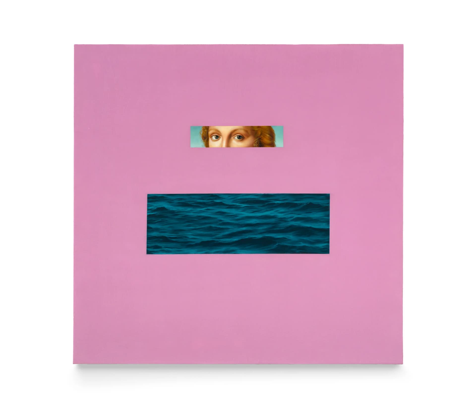 A painting by Meredith Sellers of a pair of cropped women's eyes and a cropped area of the sea