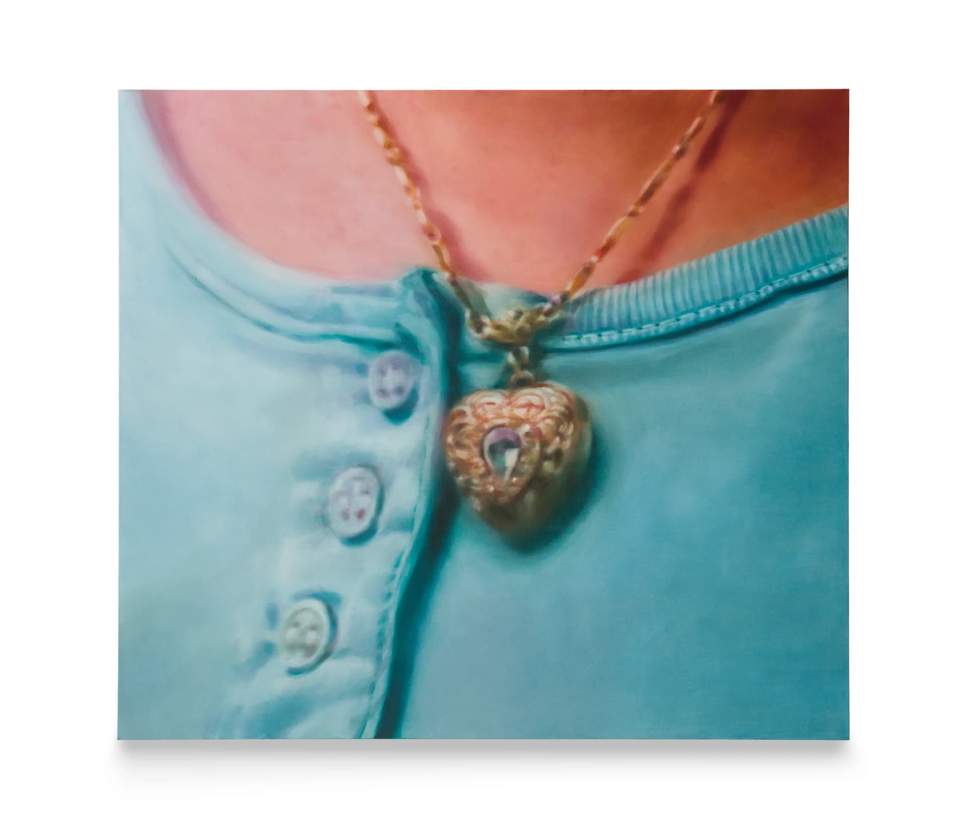 A painting by Rachel Lancaster of a locket over a turquoise top