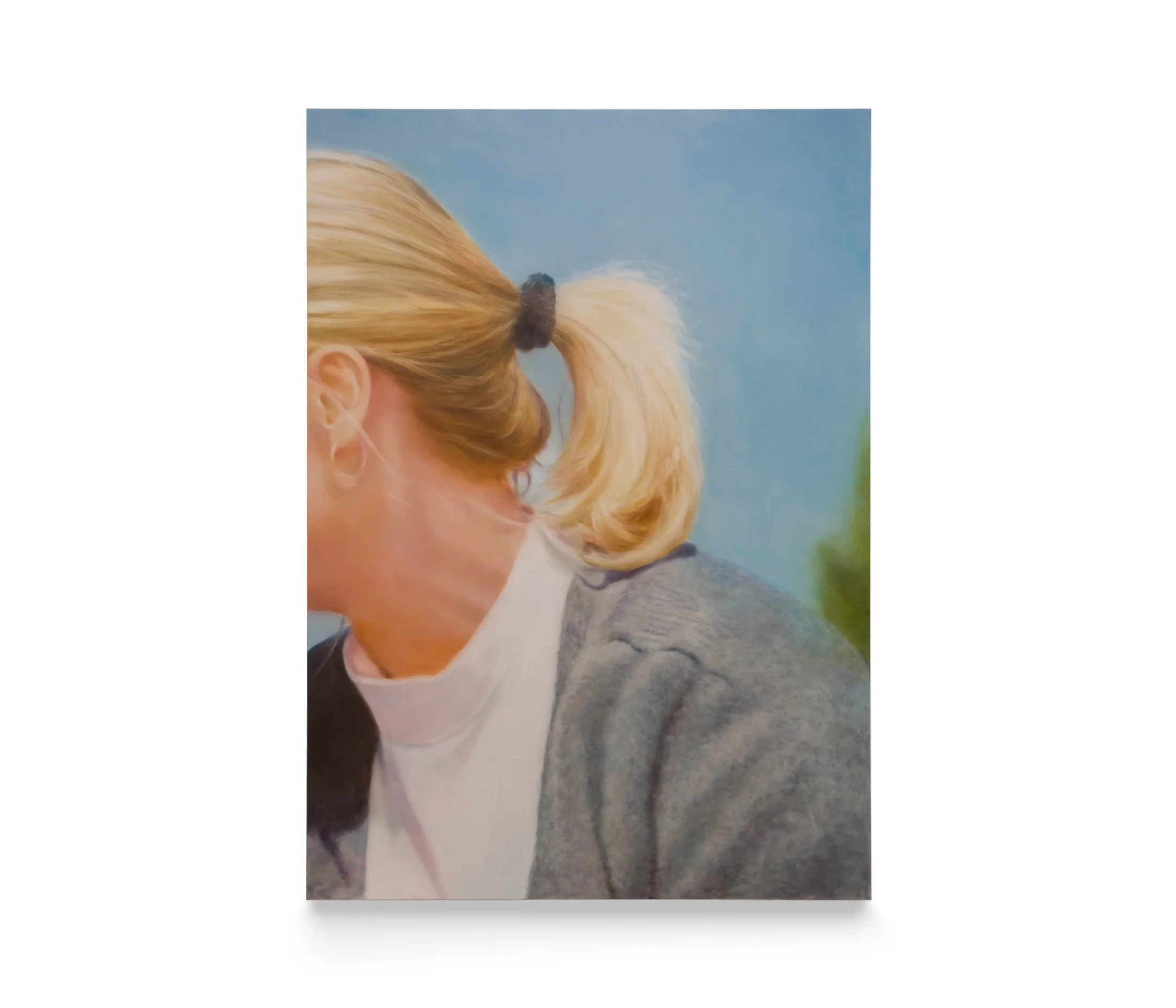 A painting by Rachel Lancaster of the nape of a woman's neck with her hair in a blonde ponytail